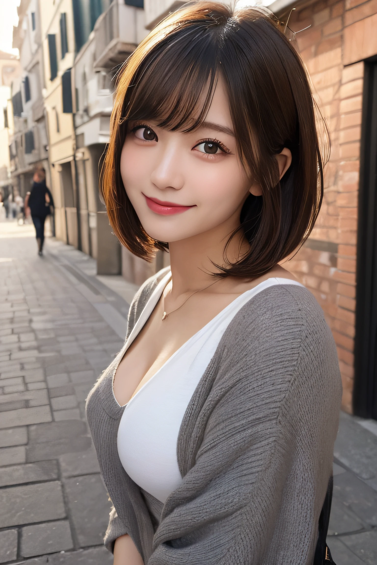 masutepiece, Best Quality, Illustration, Ultra-detailed, finely detail, hight resolution, 8K Wallpaper, Perfect dynamic composition, Beautiful detailed eyes, Women's Fashion Summer,Short bob hair,Small breasts natural color lip, Bold sexy poses,Smile,Harajuku、20 years girl、Cute、Sexy shot looking at camera,Venetian