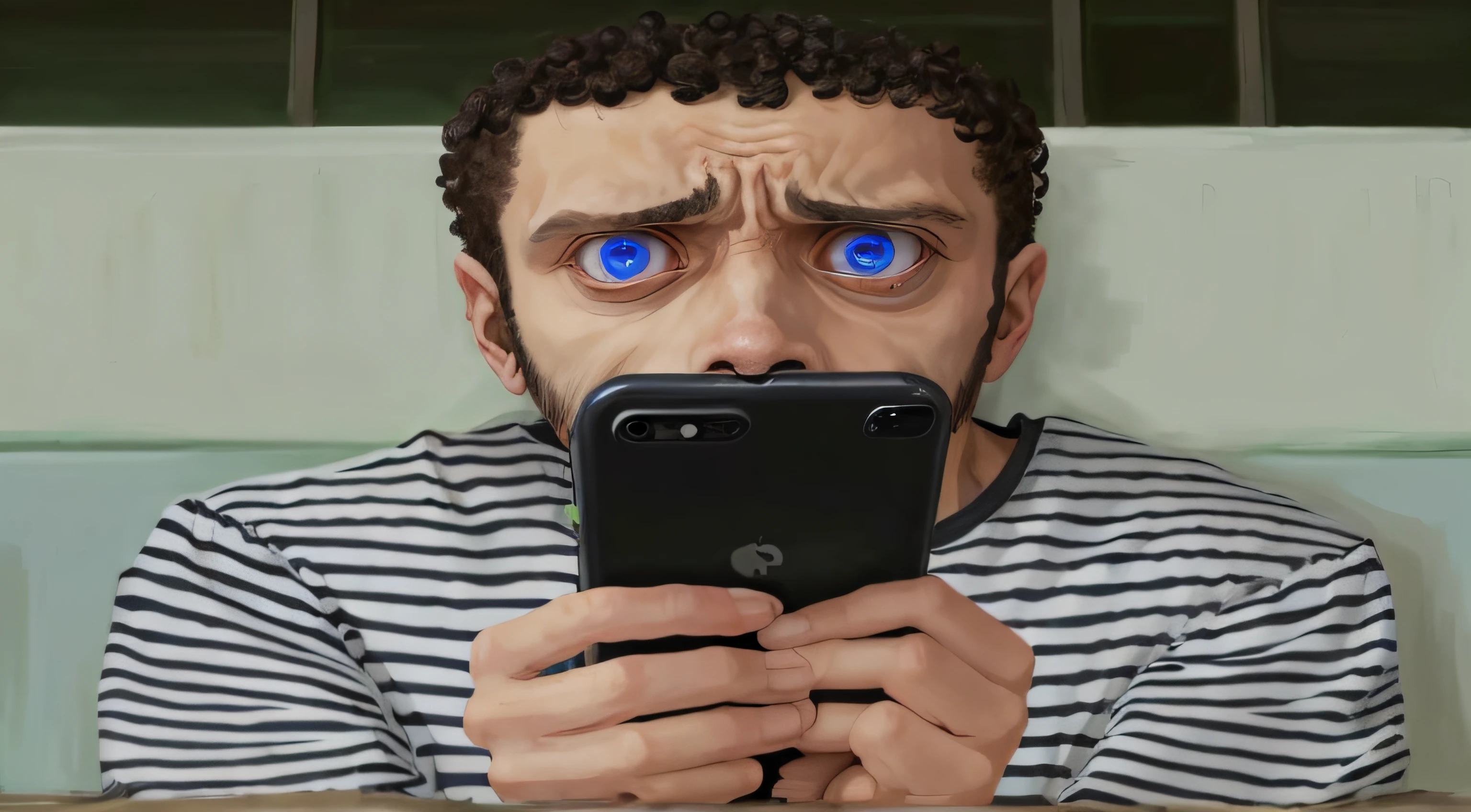 um close up de um homem olhando para seu celular, olhando para o telefone dele, olhar horrorizado em seus olhos, parecendo surpreso, he is holding a smartphone, olhar chocado, Enormes olhos surpresos, man is terrified, surprised expression, olhar assustado, staring directly at camera, staring directly at camera, scariest looking man alive, selfie de um homem, shocked expression
