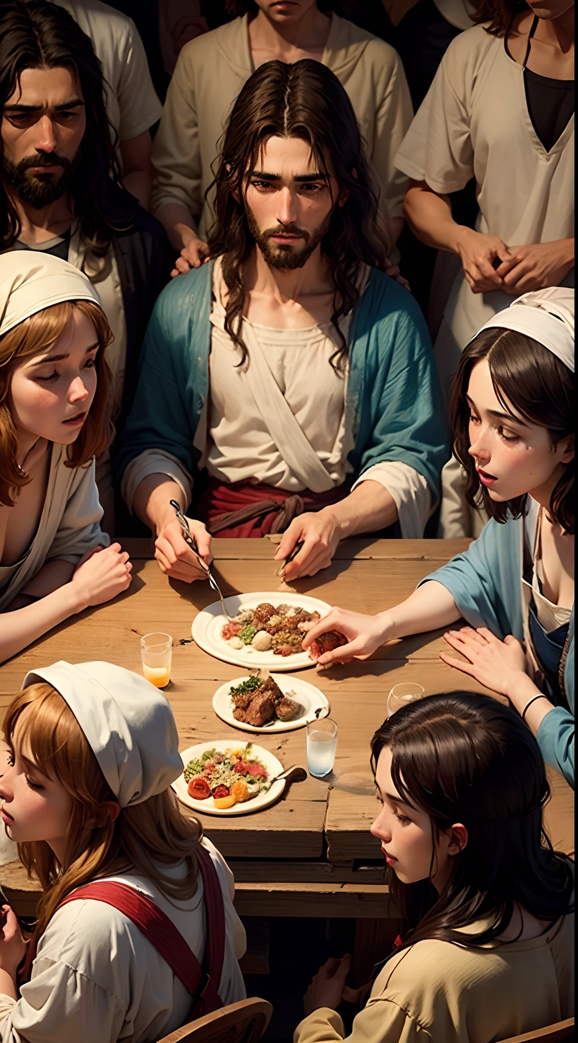 Generate a portrayal of the intimate moment of the Last Supper, with Jesus and his disciples gathered around a table, sharing their final meal.