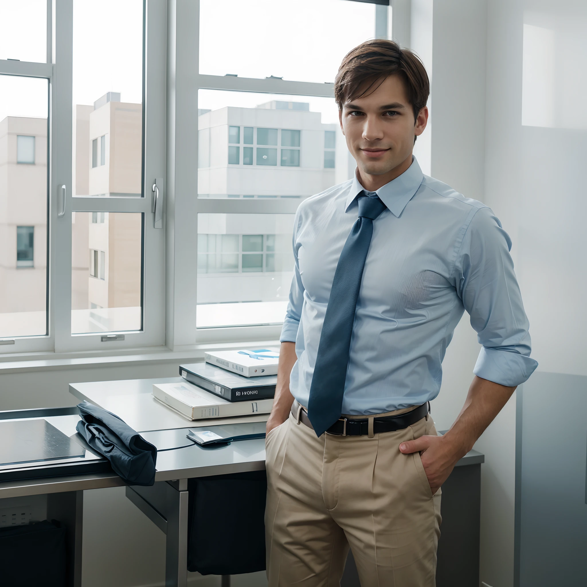 smiling man in white shirt and blue tie standing with arms crossed, handsome and attractive, professional profile photo, elegant confident pose, wearing a light blue shirt, elegant smiling pose, wearing a shirt with a tie, young handsome man, handsome male, handsome man, no beard, type like Ashton Kutcher, short hair, professional profile picture, smiling male, attractive man, confident action pose, handsome young man,around 30 years old, standing in modern office, some desks behind him, great windows, blurred background, photorealistic photo, masterpiece, realistic, realism, photorealism, texture 8K, highly detailed, Realstic, soft cinematic light, Hdr, Mise au point nette, tmasterpiece, FotorRealstic, award-winning photograph, Canon EOS R5, 35 mm
