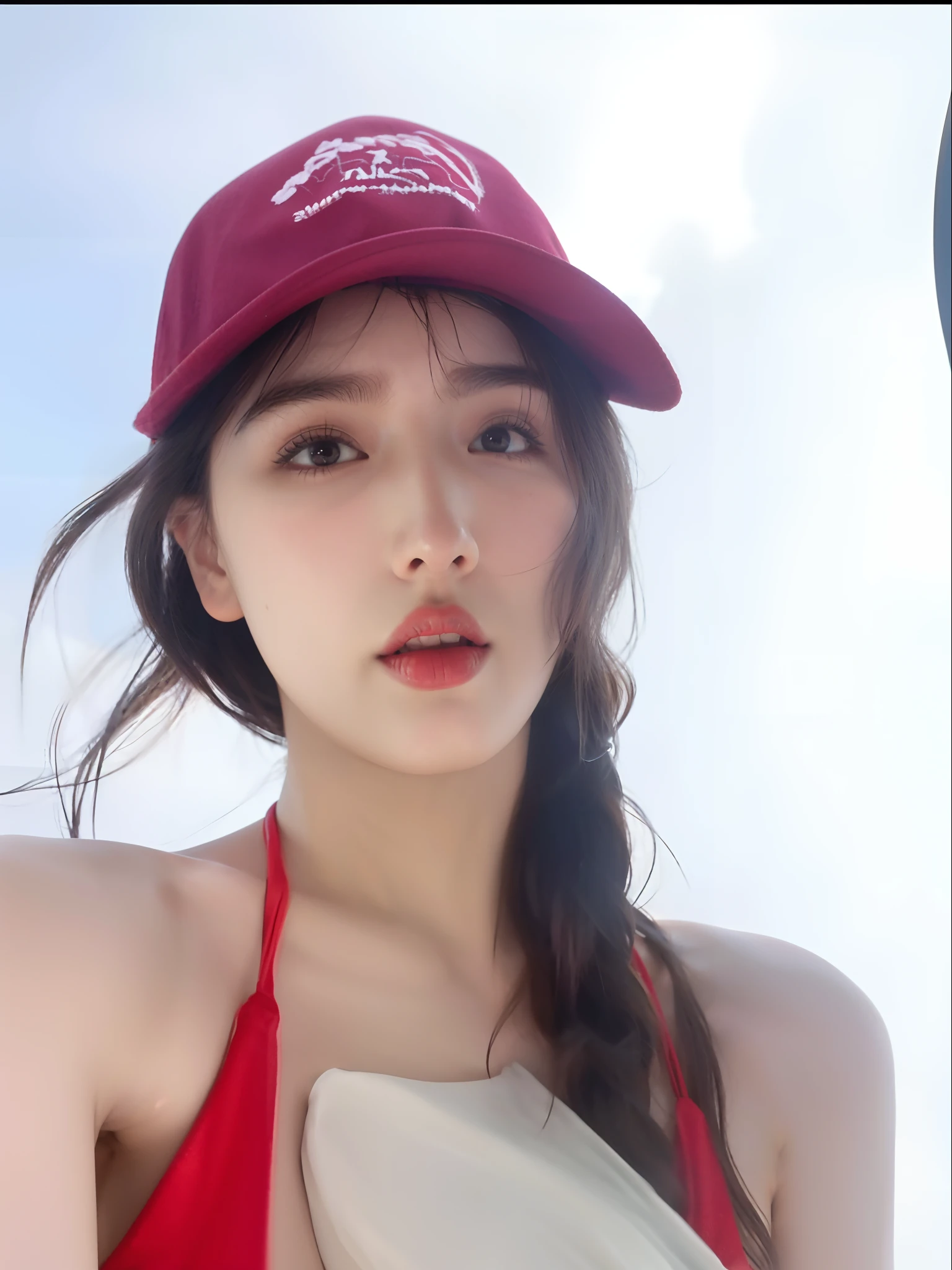 "(best quality,8k,highres,masterpiece:1.2),close-up portrait of a woman wearing a red bikini top and a red hat, extremely cute Korean face, detailed red hat, sandy beach, Diyarbakir, beautiful Korean woman, Uzan, intense sunlight, gorgeous young Korean housewife, wearing a hat, Chen Xintong, red cap, wearing a red hat."