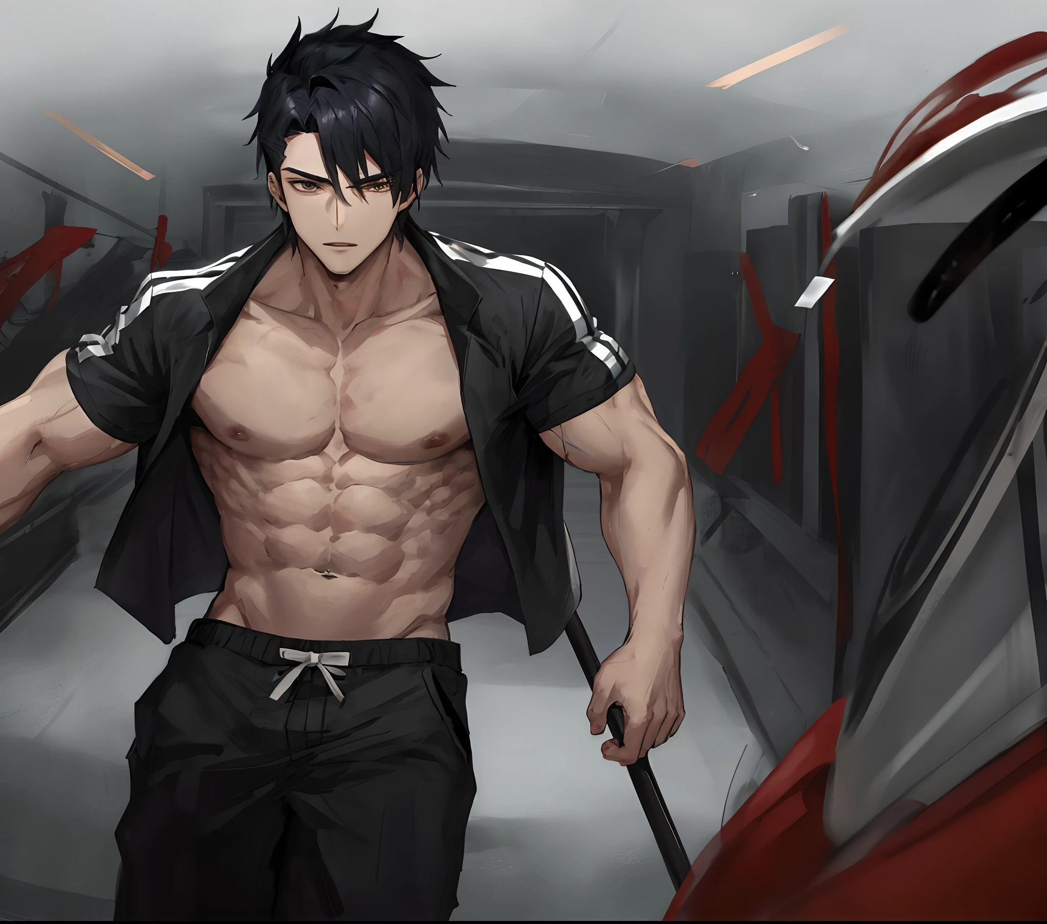 Hot anime guy with black hair, muscular, big pecs, big