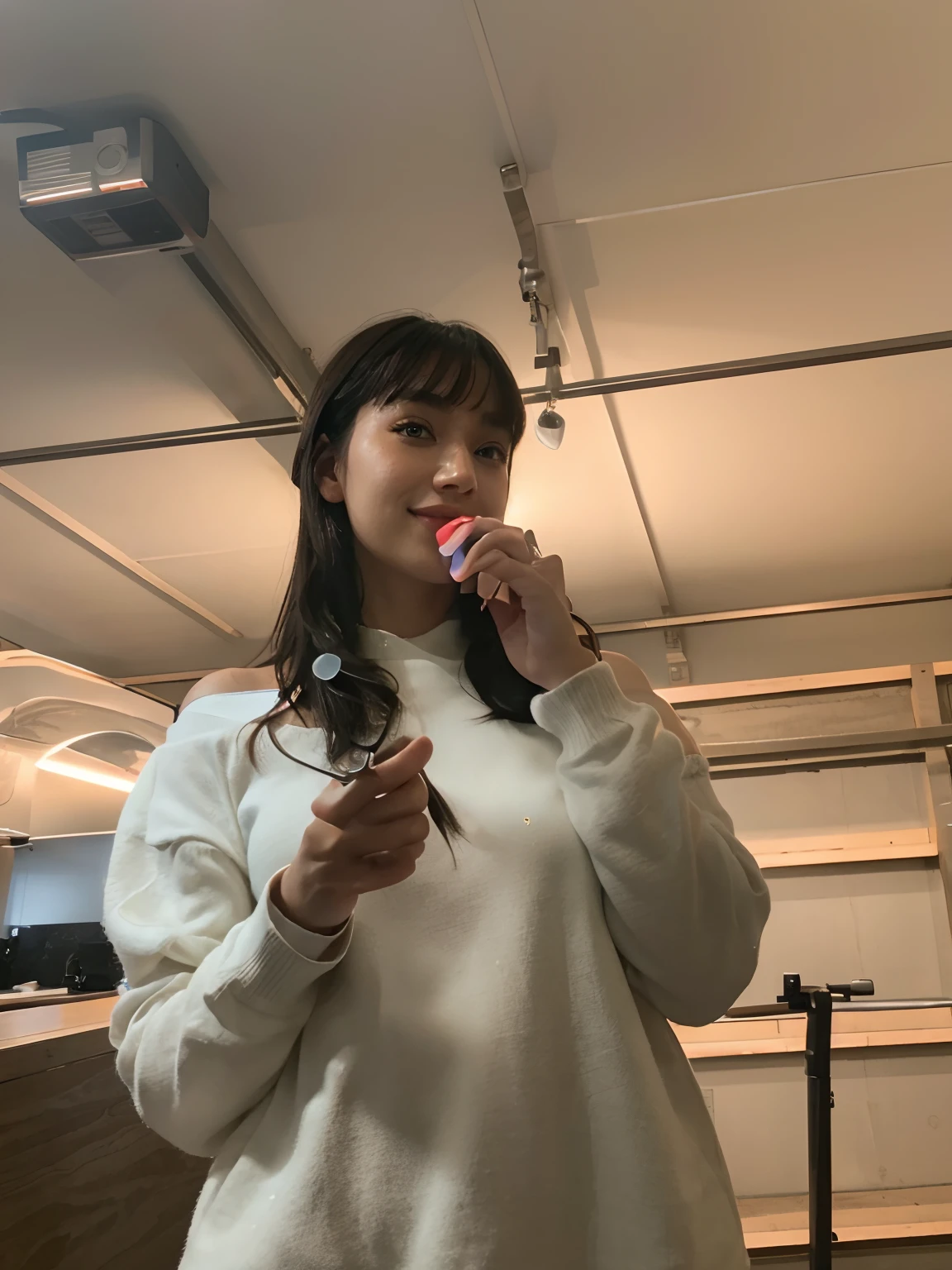 Top Quality, Masterpiece, Ultra High Resolution, Photorealistic, 1 Girl, Off Shoulder, Knit, Smile, Smile, Slightly Visible, oversized_sweater, Soft Lighting, Detailed Skin, Bangs, Black Hair, Clear Eyes, Short Bob Hair, Transparency, Japan, Korean, Beautiful Woman, Upper Eyes, Lip Gloss, Black Thick Choker, Teardrops, Mole on the Chest, Highlights in the eyes