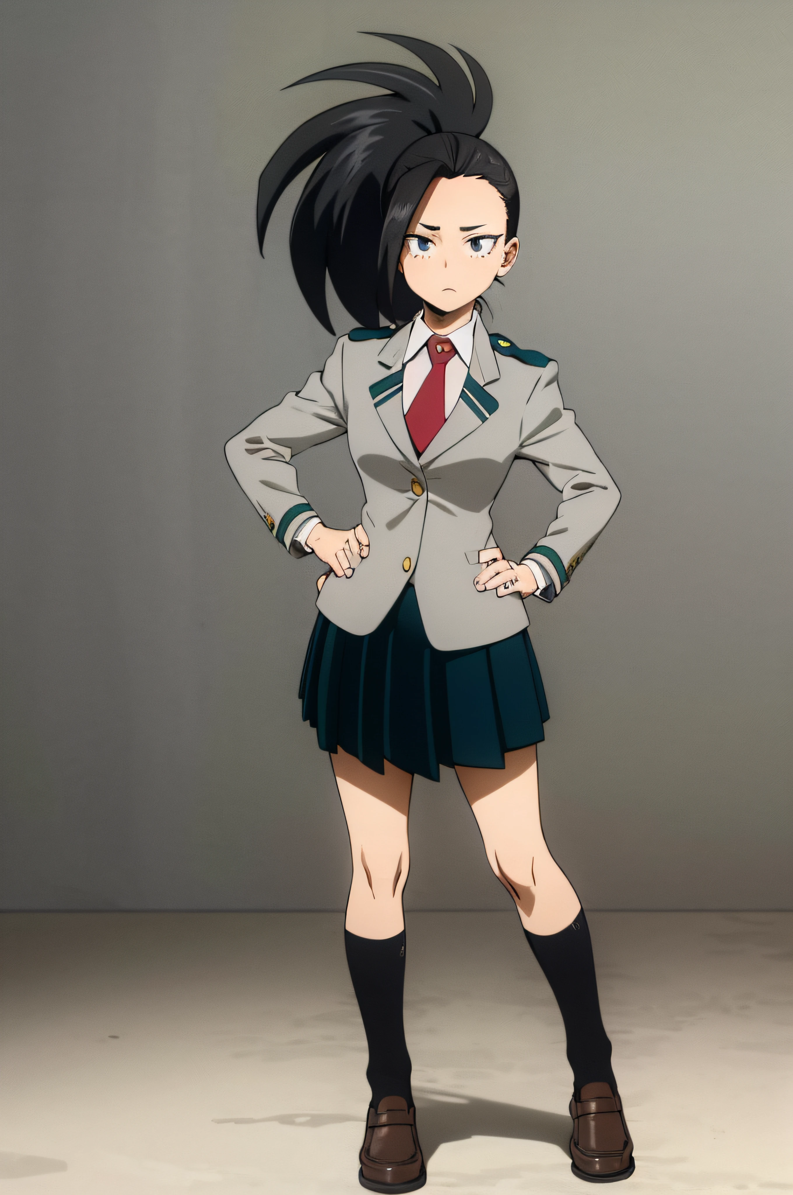 masterpiece, best quality, yaoyorozu momo, 1girl, black eyes, black hair,  ponytail, long hair, hair pulled back, full body, hands on hips, standing, short sleeves, solo, looking at viewer, u.a. school uniform, black socks, blazer, brown loafers, kneehighs, long sleeves, pleated green skirt, red necktie, school uniform, shirt, simple background