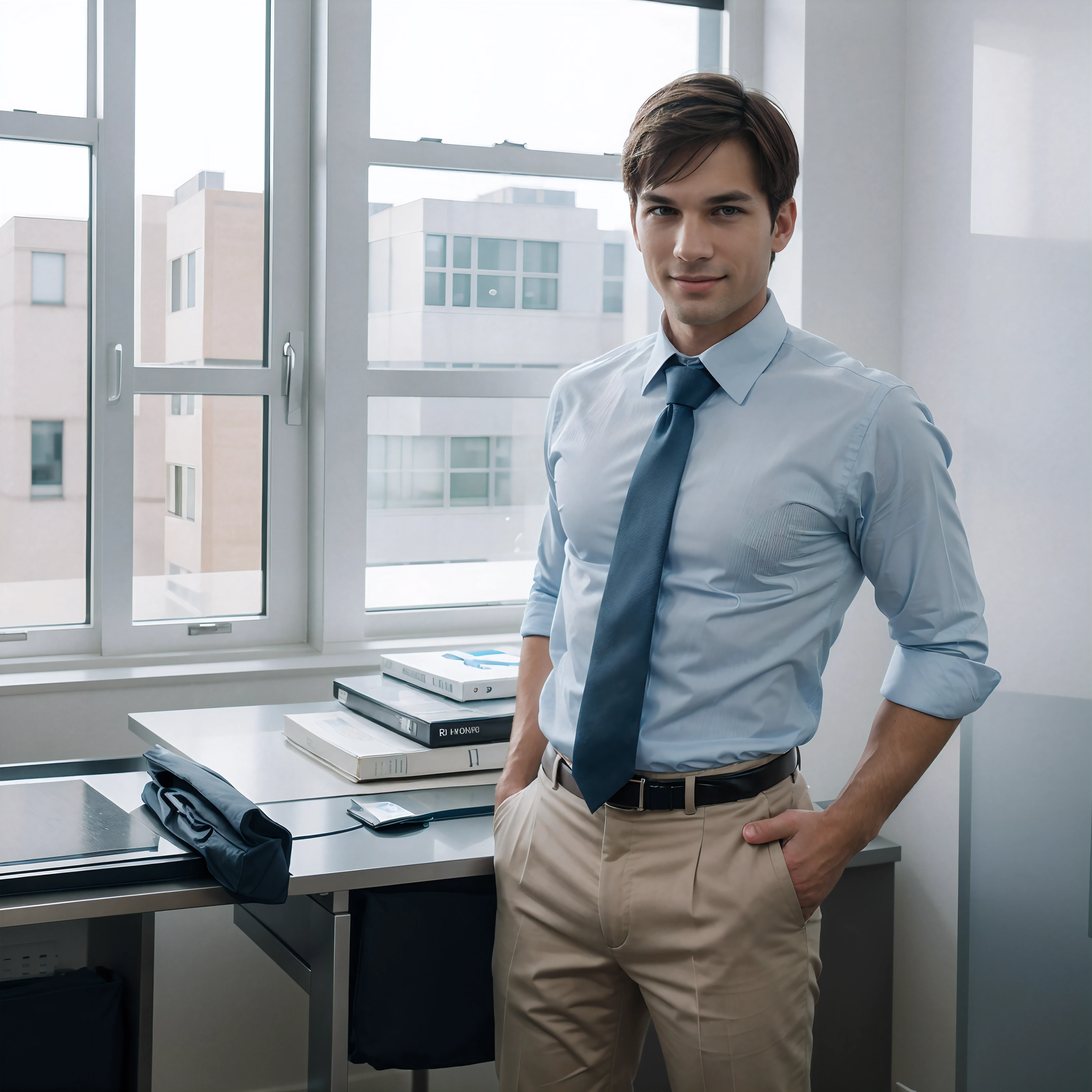 smiling man in white shirt and blue tie standing with arms crossed, handsome and attractive, professional profile photo, elegant confident pose, wearing a light blue shirt, elegant smiling pose, wearing a shirt with a tie, young handsome man, handsome male, handsome man, no beard, type like Ashton Kutcher, short hair, professional profile picture, smiling male, attractive man, confident action pose, handsome young man,around 30 years old, standing in modern office, some desks behind him, great windows, blurred background, photorealistic photo, masterpiece, realistic, realism, photorealism, texture 8K, highly detailed, Realstic, soft cinematic light, Hdr, Mise au point nette, tmasterpiece, FotorRealstic, award-winning photograph, Canon EOS R5, 35 mm