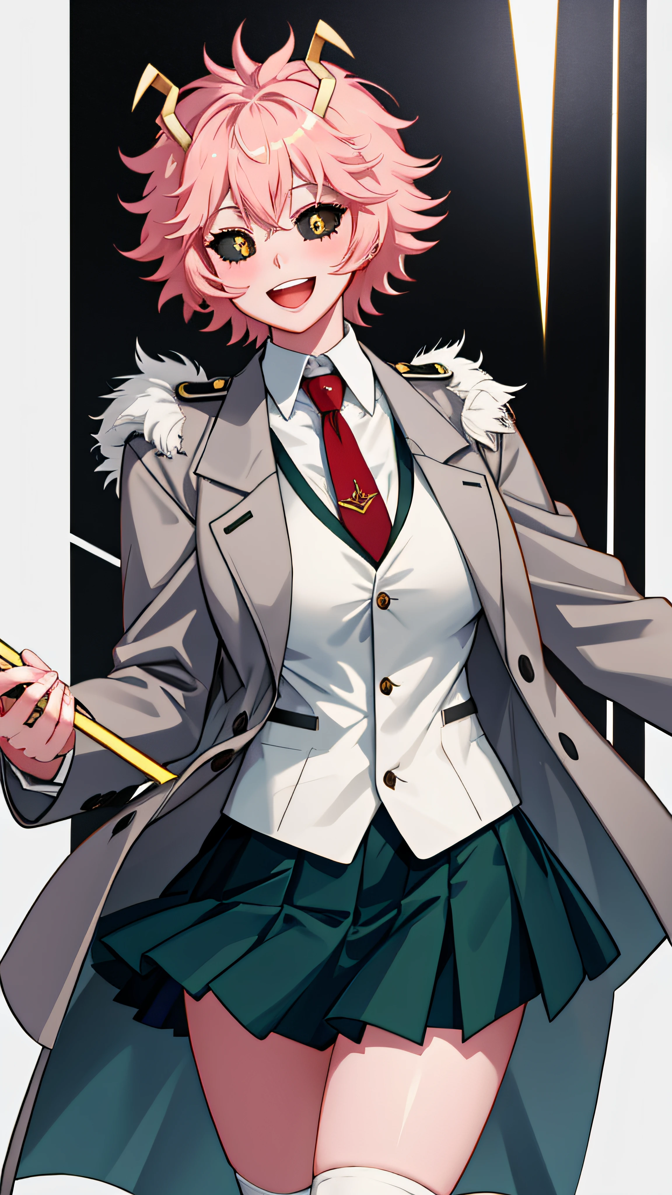 lumen reflections, natural lighting, evocative, triadic color scheme, cowboy shot, elegant, voluptuous:0.6, looking at viewer, 1girl, female, solo, blush, open mouth, smile, teeth, sfw, mina ashido, jacket, grey jacket, tie, red tie, skirt, green skirt, pleated skirt, socks, black socks, knee high socks