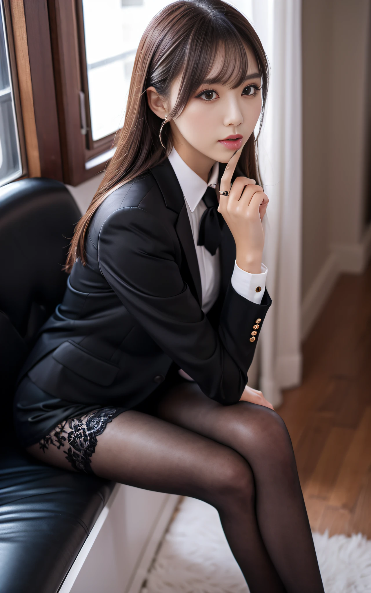 Pure young Japanese girl, wearing dark color classical suits and skirts, (lace panty), (stockings), vivid makeup, natural black hair styles, sitting in antique gothic style rooms, sweet smile, secret temptations, professional portrait photography,