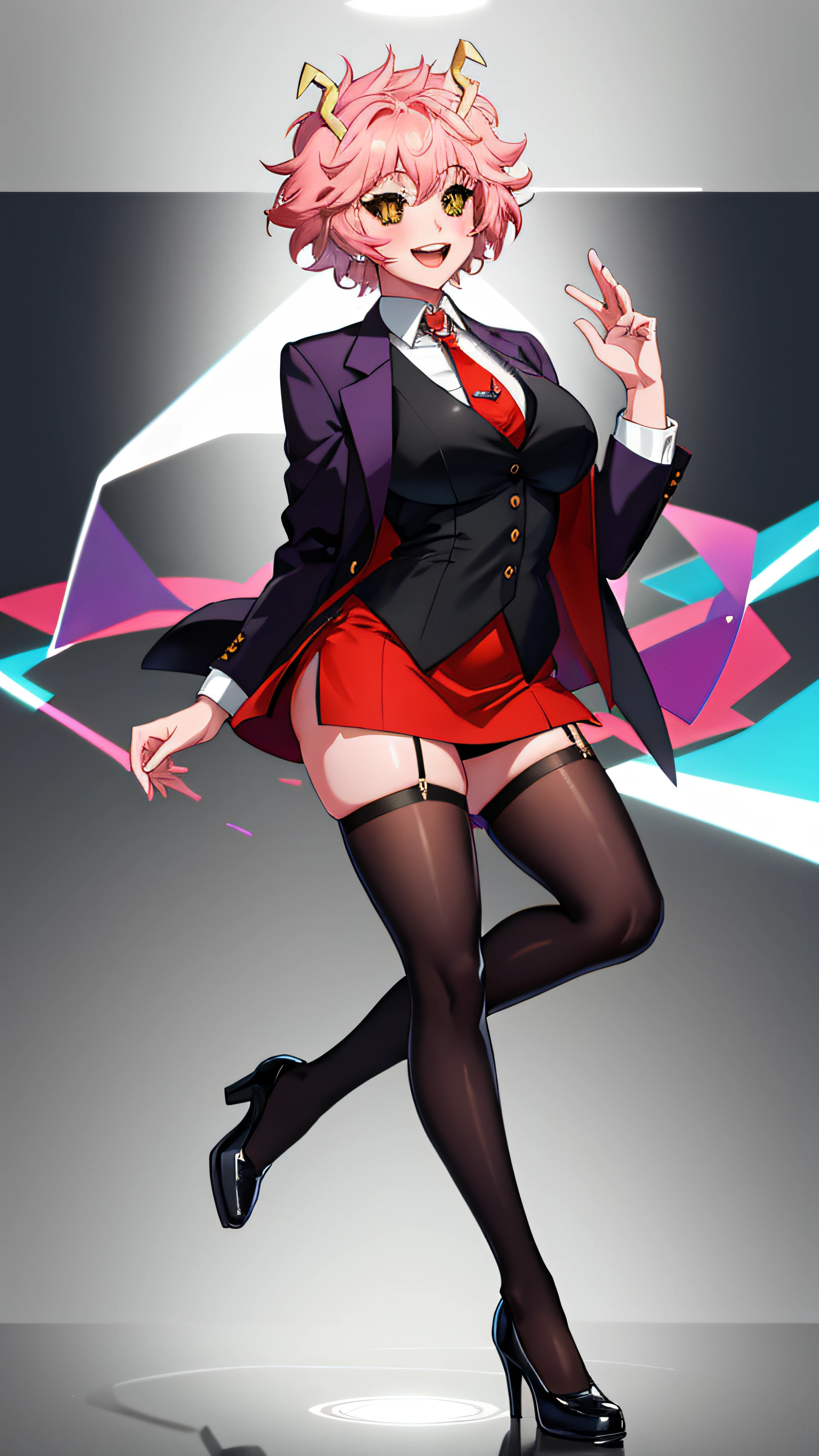 lumen reflections, natural lighting, evocative, triadic color scheme, cowboy shot, elegant, voluptuous:0.6, looking at viewer, 1girl, female, solo, blush, open mouth, smile, teeth, sfw, mina ashido, skirt suit, suit and tie, (((three-piece suit))), silk dress shirt, shirt and tie, necktie, ((blazer)), ((suit jacket)) ((waistcoat)), ((bodycon miniskirt)), pantyhose, tights, stockings, high heels, tie clip, pocket square, tailored suit, (((cufflinks))),