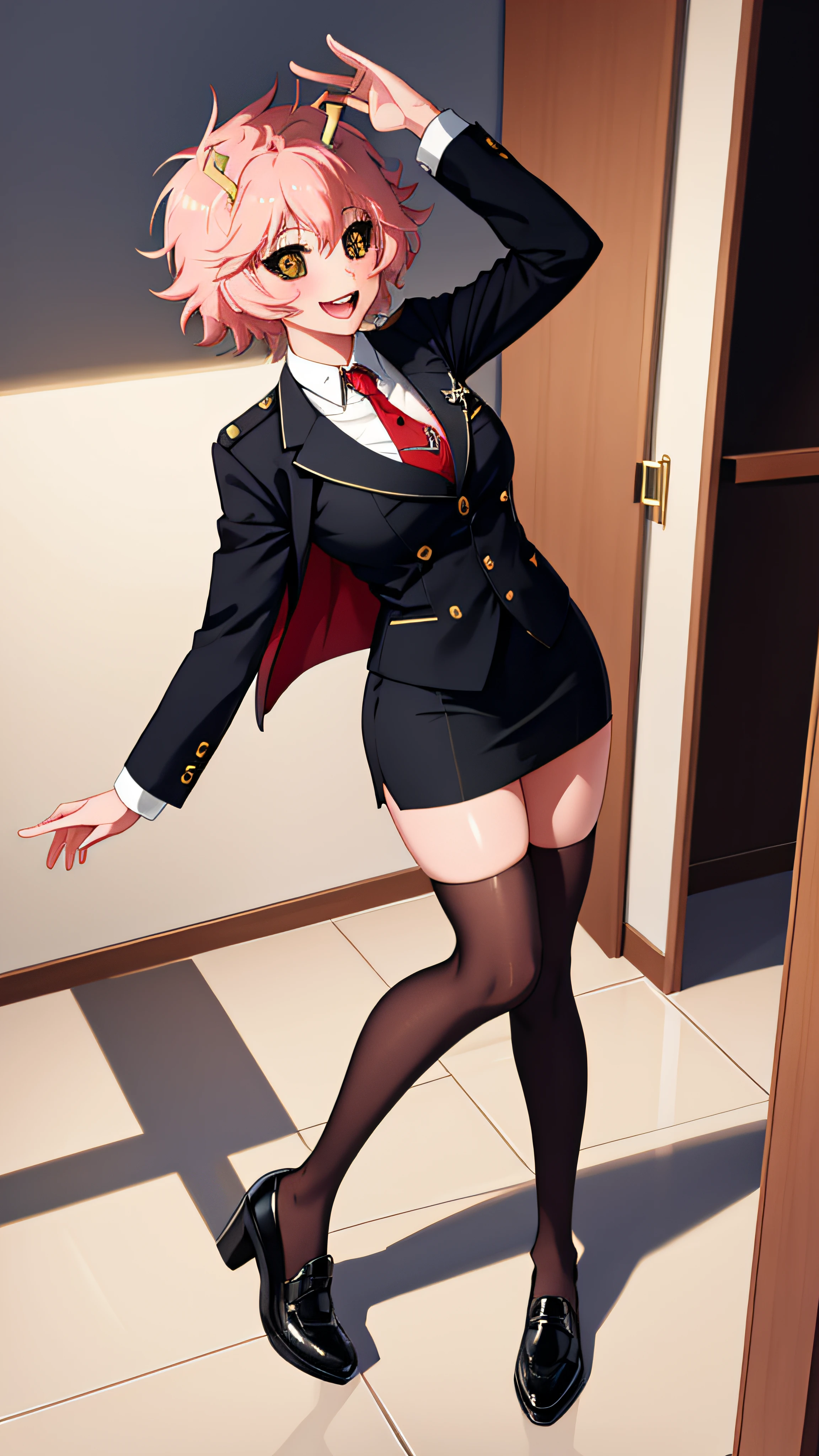 lumen reflections, natural lighting, evocative, triadic color scheme, cowboy shot, elegant, voluptuous:0.6, looking at viewer, 1girl, female, solo, blush, open mouth, smile, teeth, sfw, mina ashido, skirt suit, suit and tie, (((three-piece suit))), silk dress shirt, shirt and tie, necktie, ((blazer)), ((suit jacket)) ((waistcoat)), ((bodycon miniskirt)), pantyhose, tights, stockings, high heels, tie clip, pocket square, tailored suit, (((cufflinks))),