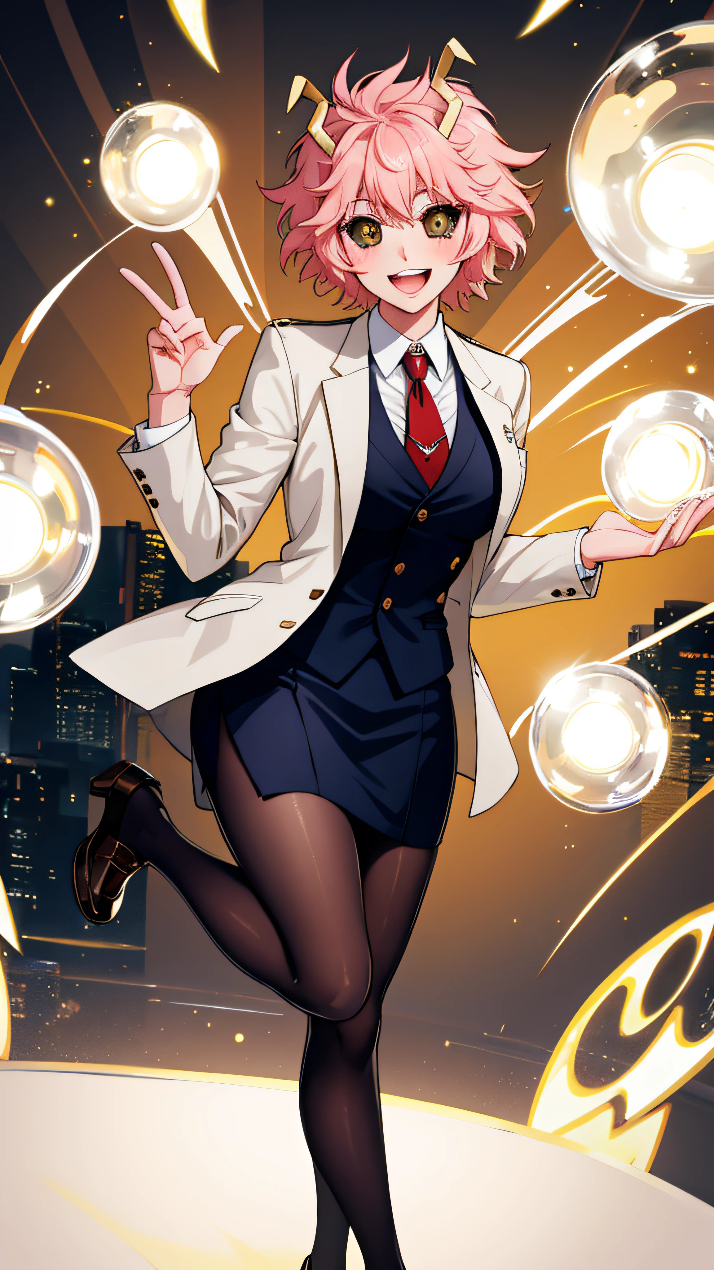 lumen reflections, natural lighting, evocative, triadic color scheme, cowboy shot, elegant, voluptuous:0.6, looking at viewer, 1girl, female, solo, blush, open mouth, smile, teeth, sfw, mina ashido, skirt suit, suit and tie, (((three-piece suit))), silk dress shirt, shirt and tie, necktie, ((blazer)), ((suit jacket)) ((waistcoat)), ((bodycon miniskirt)), pantyhose, tights, stockings, high heels, tie clip, pocket square, tailored suit, (((cufflinks))),