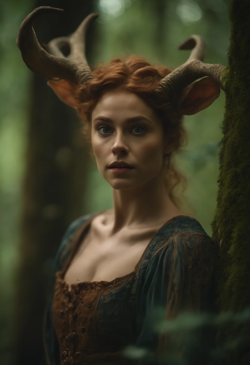 A Faun in the forest,(best quality, 135k, highres,masterpiece:1.2), experimental cinematography, goblin academia,rococo portraitures,soft atmospheric lighting,close up, washington color school,back button focus