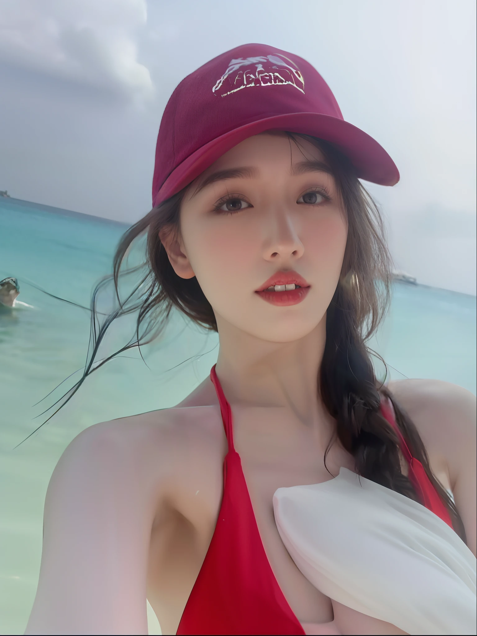 Arad woman in red bikini and red hat on the beach, dilraba dilmurat, 8k selfie photograph, xintong chen, queen of the sea mu yanling, shaxi, wenfei ye, beautiful Korean women, Gorgeous young Korean woman, Li Zixin, yanjun cheng, trending at cgstation, chengyou liu