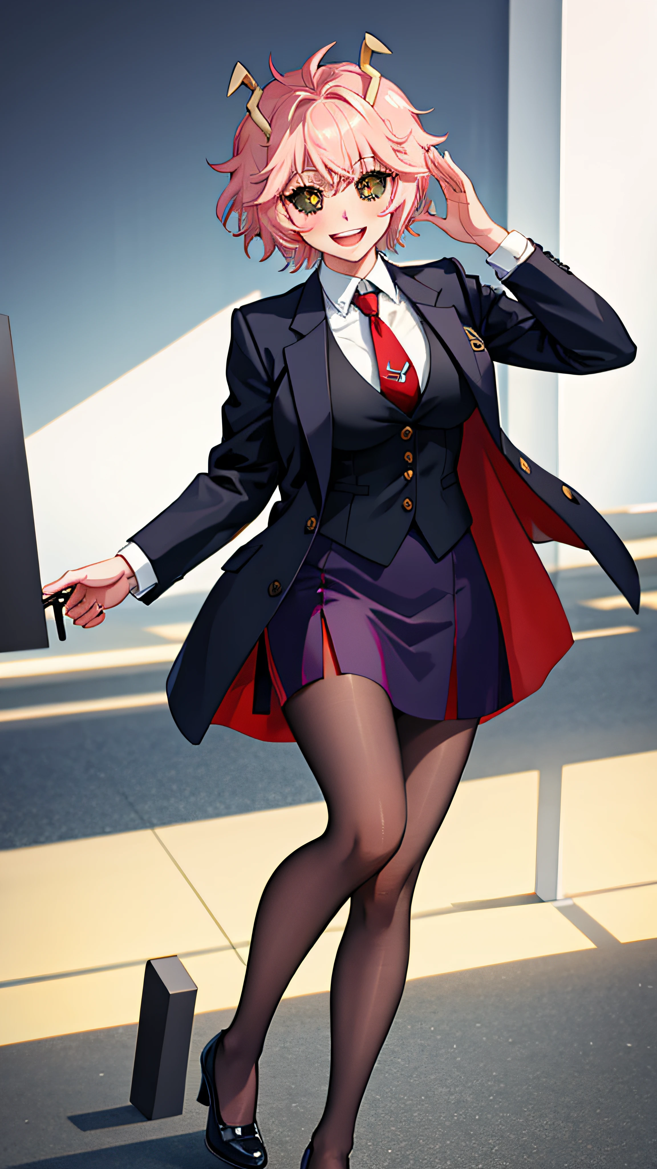 lumen reflections, natural lighting, evocative, triadic color scheme, cowboy shot, elegant, voluptuous:0.6, looking at viewer, 1girl, female, solo, blush, open mouth, smile, teeth, sfw, mina ashido, skirt suit, suit and tie, (((three-piece suit))), silk dress shirt, shirt and tie, necktie, ((blazer)), ((suit jacket)) ((waistcoat)), ((bodycon miniskirt)), pantyhose, tights, stockings, high heels, tie clip, pocket square, tailored suit, (((cufflinks))),