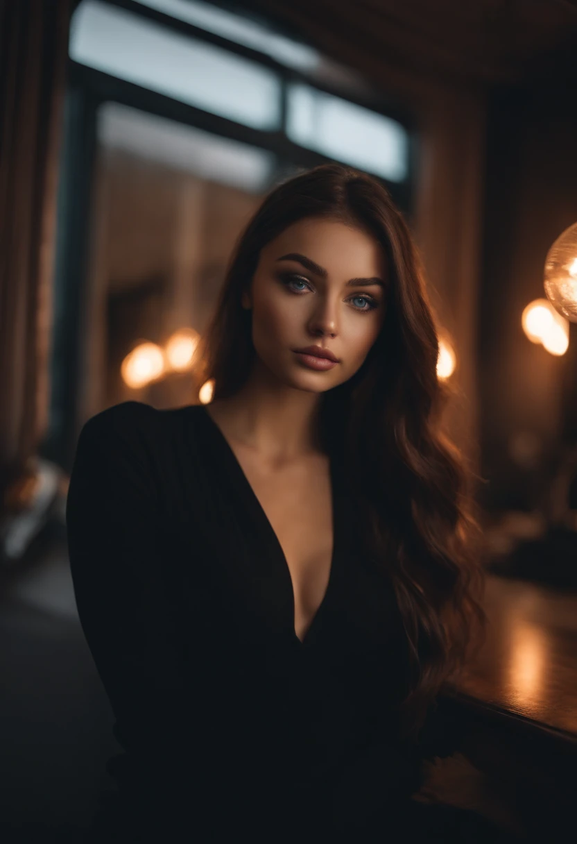 arafed woman with black clothes, sexy girl with blue eyes, portrait sophie mudd, brown hair and large eyes, selfie of a young woman, bedroom eyes, violet myers, without makeup, natural makeup, looking directly at the camera, face with artgram, subtle makeup, stunning full body shot, in a club, cleavage