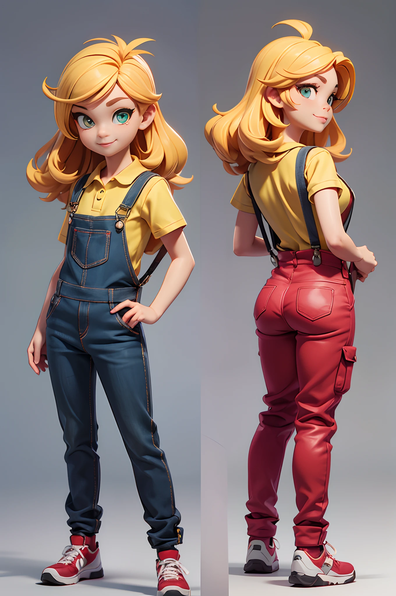 (folha de design de personagem 3d, mesmo personagem, frente, headpe, lado, back), corpo inteiro, mulher, 35 anos, em (red overalls: 1.1), (bolsos amarelo, camisa preto, with suspenders), tenis vermelho, medium-sized blonde hair, olhos verdes, sorridente, fazendo varias poses para uma foto, Personagem altamente detalhado, (fundo do gradiente cinza claro: 1.1), ((master part, extremely high quality)).