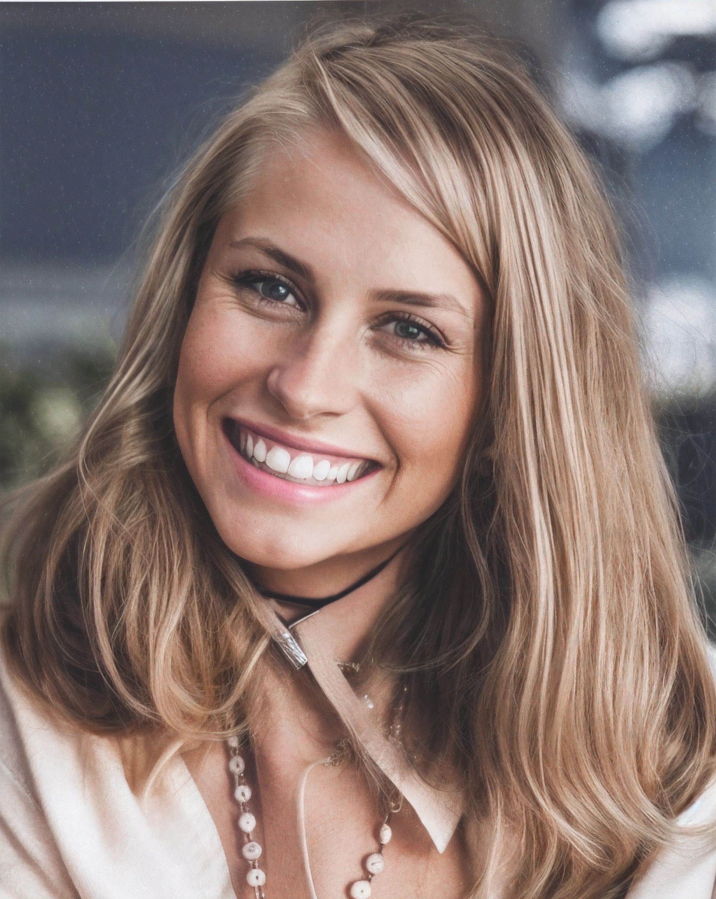 Smiling woman with long blonde hair and a necklace around her neck, olhos verdes, camisa rosa creme, cara com sardas, algumas manchas na pele, raw photo, amazing photograph, best quality, 8K, high quality, Ultra detailed, (best quality), (high detailed skin, full sharp:1.2), 8k uhd, dslr, detailed face