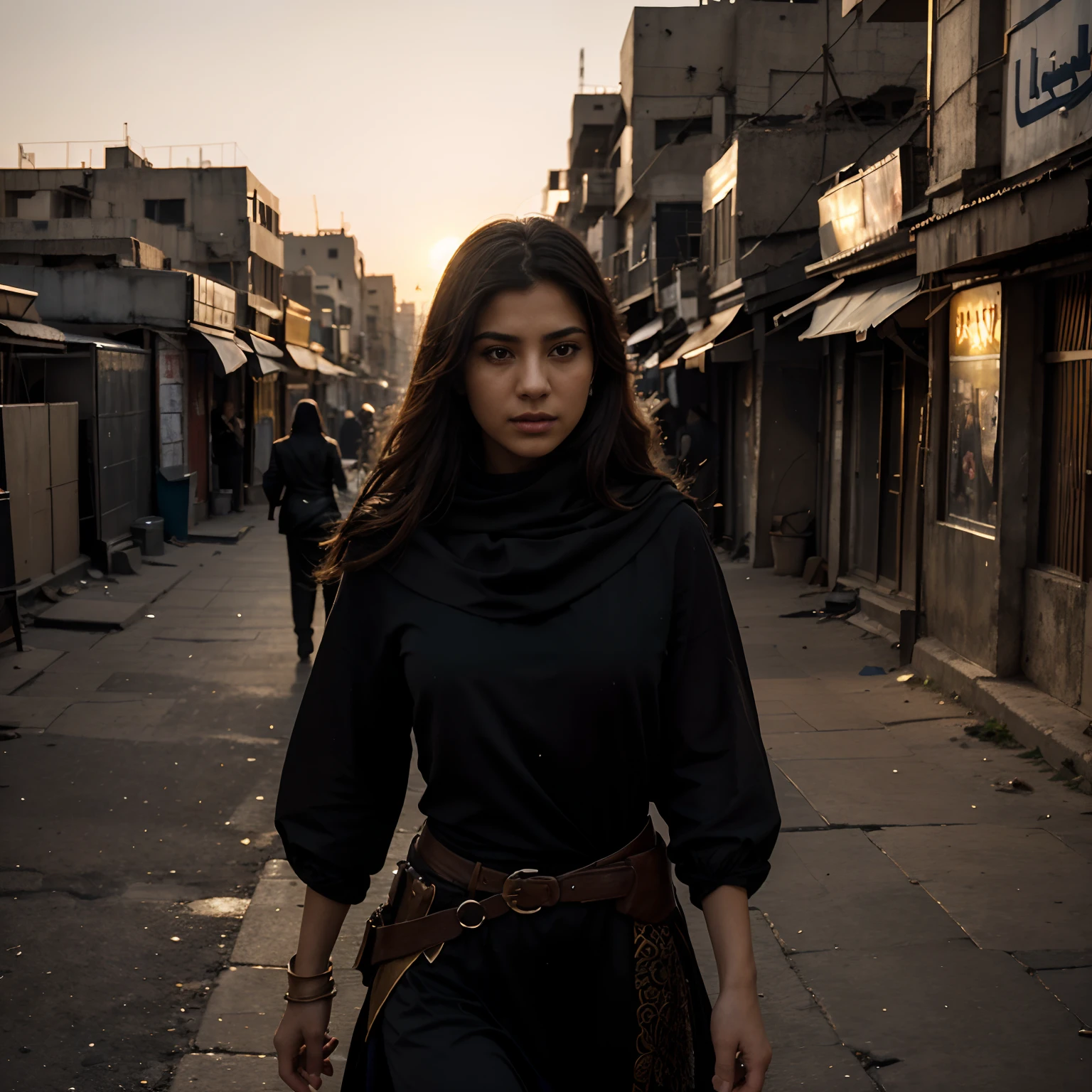 (girl:1.1)One Kurdish assassin on top of a towering building in Baghdad, (best quality,4k,8k,highres,masterpiece:1.2)gazing down at the bustling city below. Dressed in a (dark:black) black cloak, she stands strong against the (wind), her gaze steady and determined.

The (architecture) of the surrounding buildings is a mix of modern and traditional, creating a unique backdrop. The cityscape stretches out in all directions, with dusty streets and winding alleys, (photorealistic:1.37)capturing the essence of Baghdad's rich history.

The assassin's (sharp focus) eyes provide a glimpse into her mysterious and dangerous world. Her (long, flowing hair) dances in the wind, creating a sense of (movement) and adding an element of drama to the scene.

In the distance, people of different walks of life populate the streets, unaware of the hidden presence above. Their (colorful attire) adds vibrancy to the otherwise muted tones of the cityscape.

The (studio lighting) casts dramatic shadows and highlights on the various architectural details, creating depth and a sense of (mystery). The warm hues of the (sunset) bathe the scene in a golden glow, enhancing the atmosphere of the painting.

The digital art style showcases the beauty and intricacy of the scene, with (ultra-detailed) textures and (vivid colors) bringing the image to life. The (bokeh) effect in the background adds a touch of enchantment, blurring the city lights in a dreamlike manner.

Overall, this (portrait) captures the essence of an assassin's life, immersed in shadows yet observing the world below. The depiction of Baghdad's urban landscape juxtaposed with the assassin's presence creates a sense of tension and intrigue.