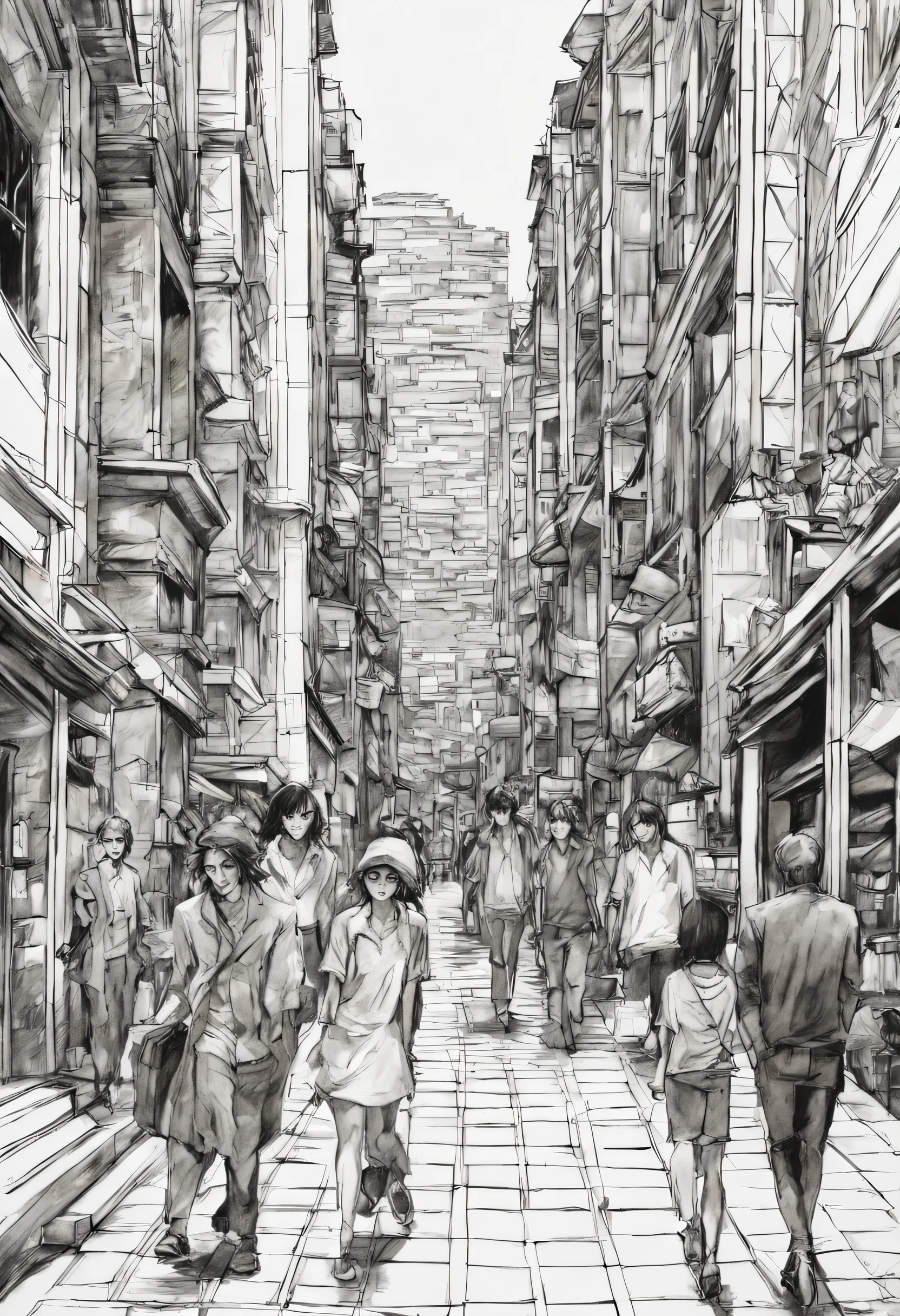 obra-prima, pessoas andando na rua, muitas pessoas na cidade, homens e mulheres, velhos, Walking on the sidewalk, pov, de cima, sorriso, escala de cinza, monocromatic, meio-tom, desenho, manga, otoyomegatari, british, eyeforcus, bob cut, foco no rosto, tiro do busto, muitas prateleira de livros, sala de estudo,
