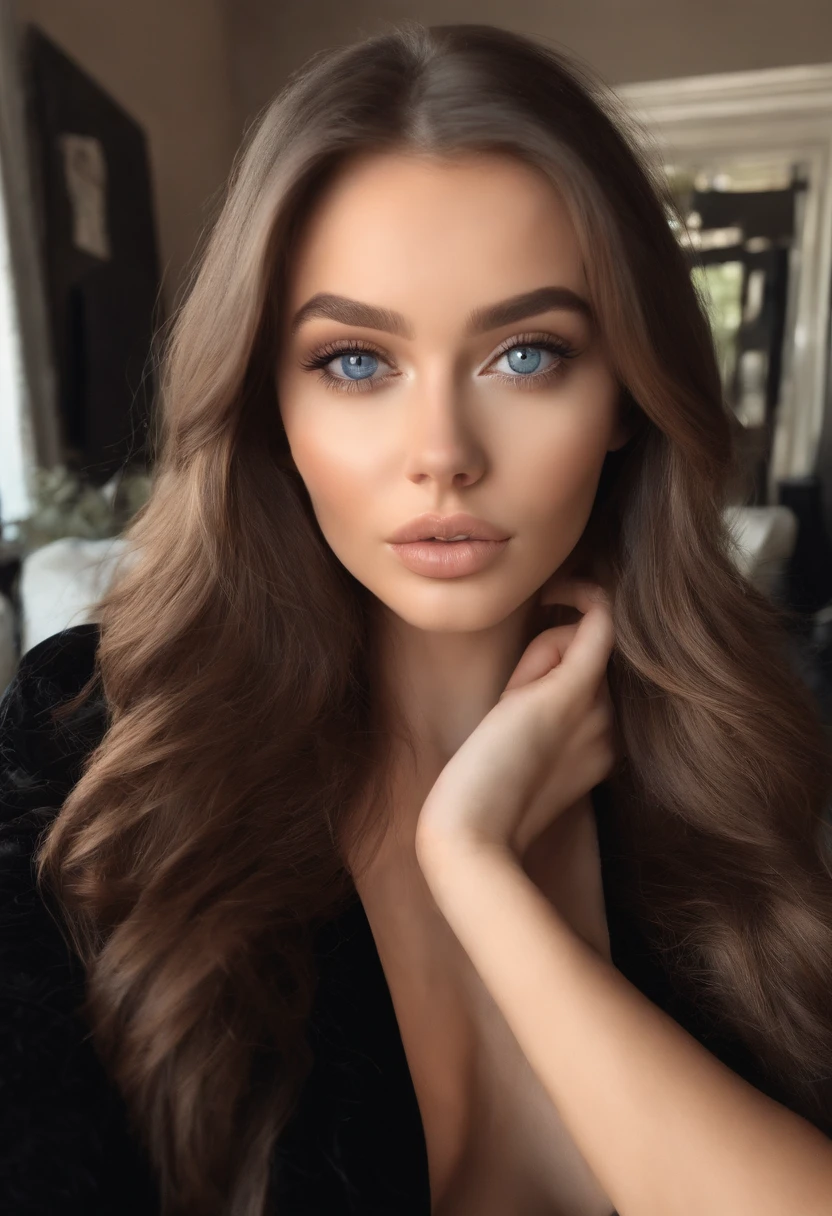arafed woman with black clothes, sexy girl with realistic blue eyes, portrait sophie mudd, brown hair and large eyes, selfie of a young woman, bedroom eyes, violet myers, without makeup, natural makeup, looking directly at the camera, face with artgram, subtle makeup, stunning full body shot, in a club, cleavage