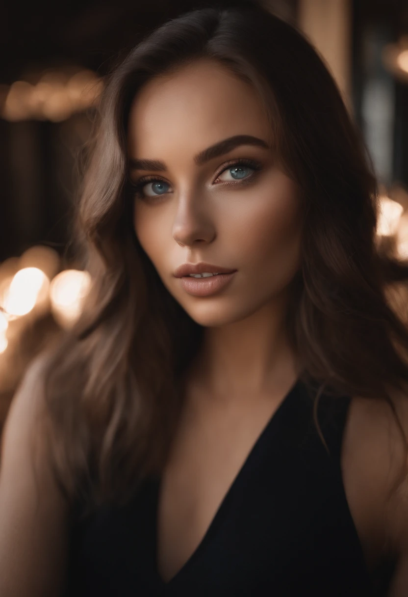 arafed woman with black clothes, sexy girl with realistic blue eyes, portrait sophie mudd, brown hair and large eyes, selfie of a young woman, bedroom eyes, violet myers, without makeup, natural makeup, looking directly at the camera, face with artgram, subtle makeup, stunning full body shot, in a club, cleavage