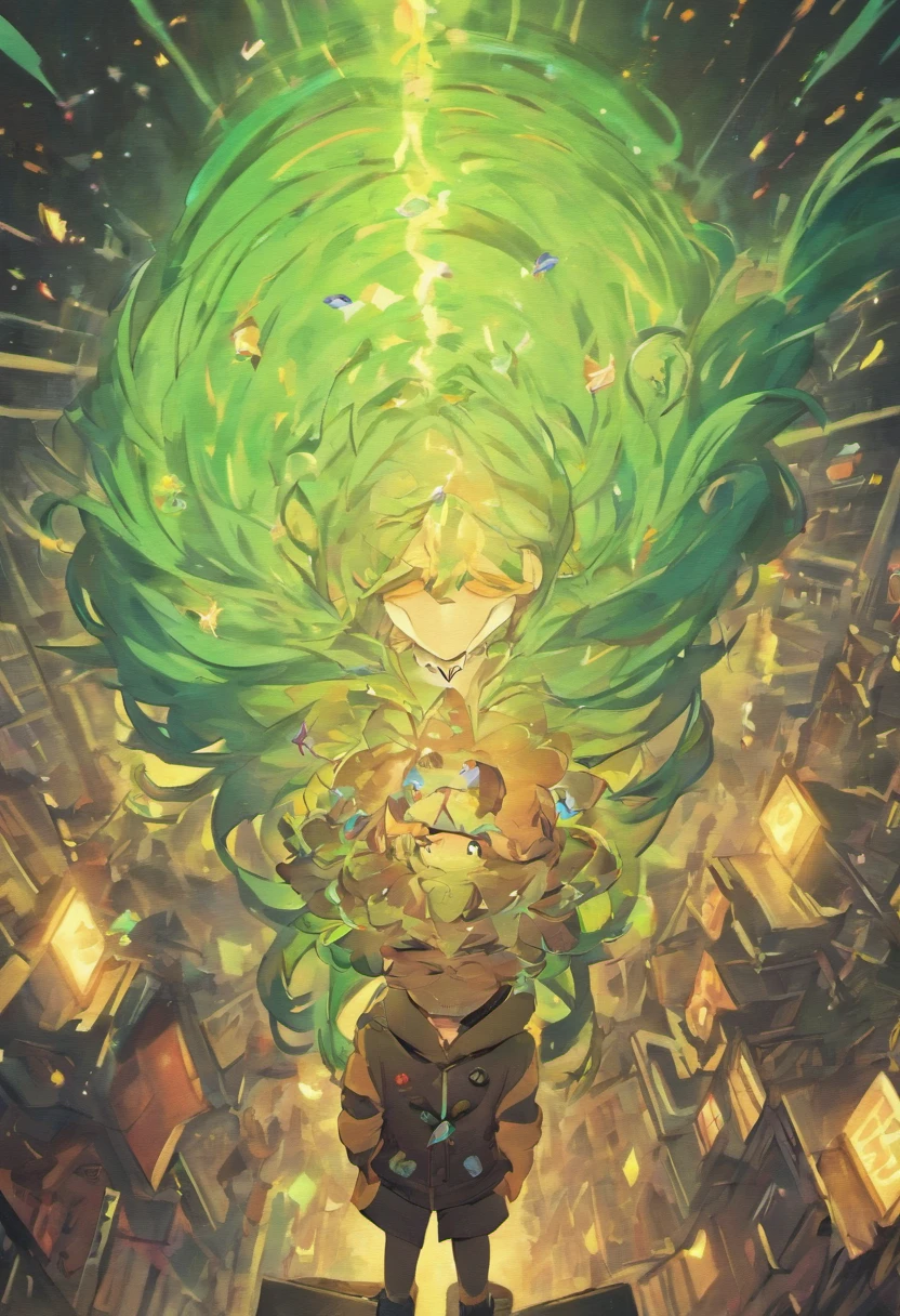 male child with long mint hair and cat charms in his hair