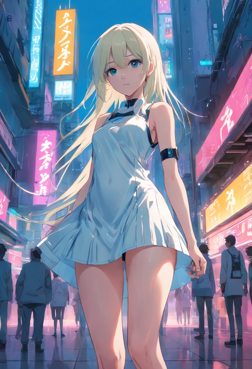 Cyberpunk slender young girl, White long hair, Full-length in a short dress, is looking at the camera, Against the backdrop of a cyberpunk city, white short dress, naked legs, brightness, Masterpiece, Best Quality, 1girl, hiquality, Ultra Detailed, ((Real image)), ((lifelike skin)), ((realistic face)),(illustartion:1.05), (Beautiful:1.05), (beautiful detail eyes:1.05), (cinematiclight:1.1), blue color on squads, Form-fitting silhouette, Slim, small breasts, white clothing. Faraway view. full-length photo、