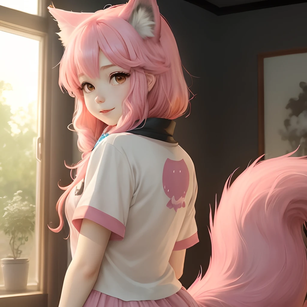 Cute anime girl with pink hair and wolf ears and tail