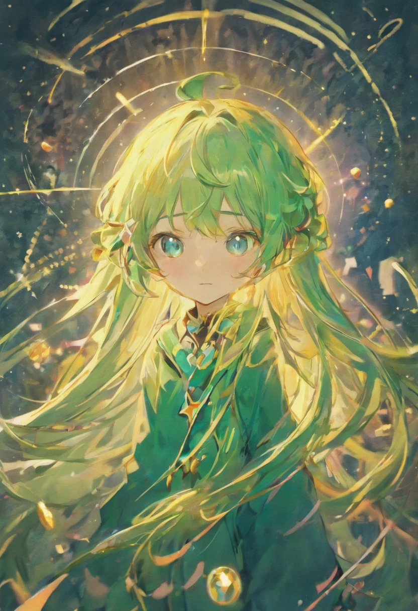 male child with long mint hair and cute charms in his hair,