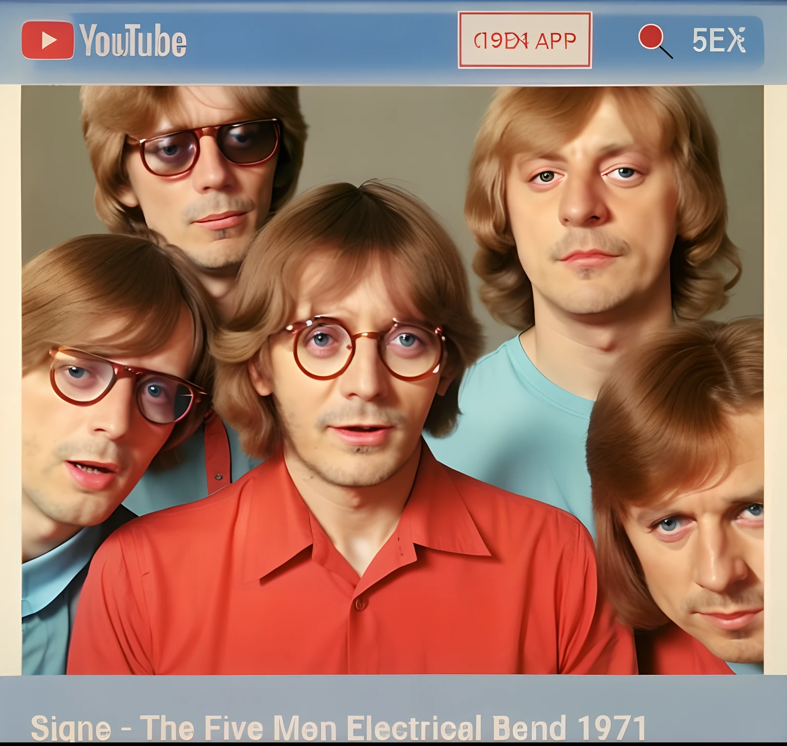 a close up colorful picture of a person with glasses and a shirt, youtube video screenshot, from 1977, electrical signals, & they all look terrified, 1970 photo from live magazine, the band name is roborock, electric, seventies era, exactly 5 fingers, the electric boy, leaked, historical footage, five score years ago