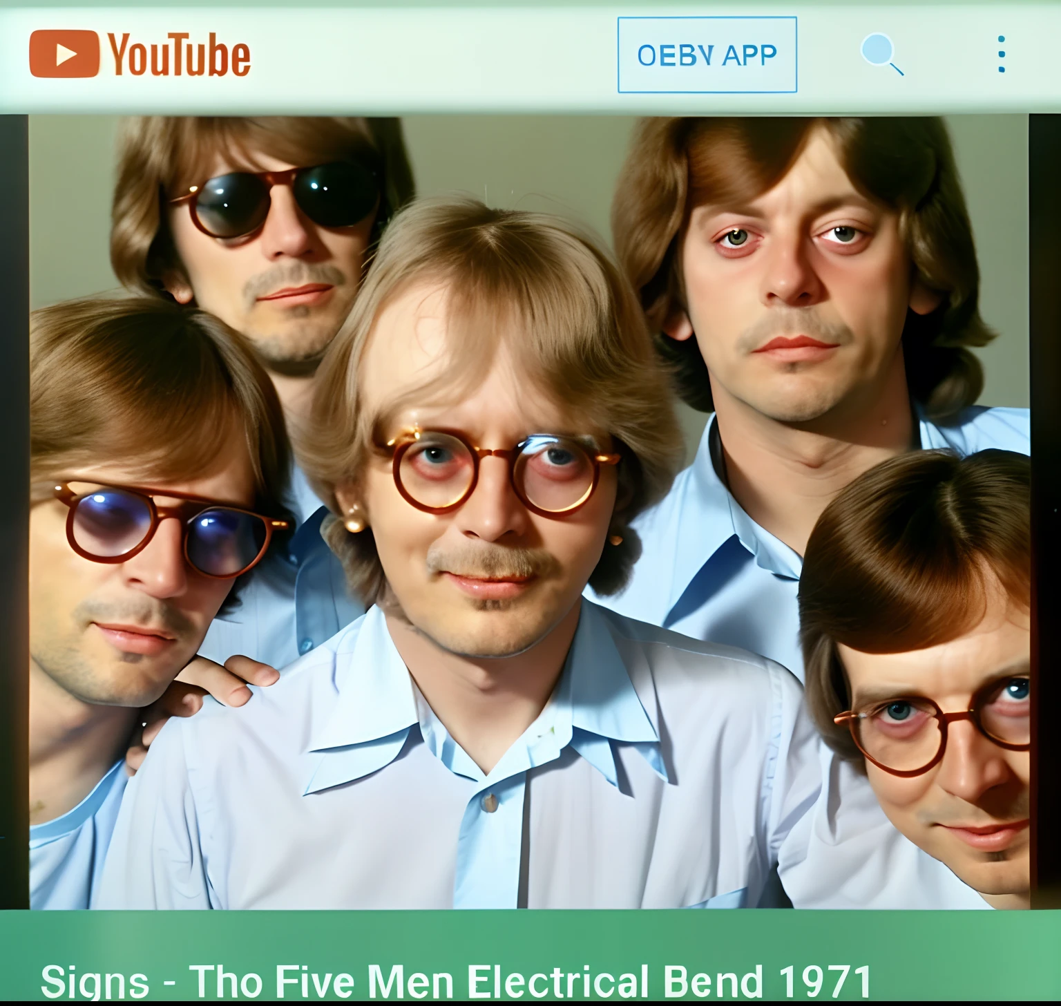 a close up colorful picture of a person with glasses and a shirt, youtube video screenshot, from 1977, electrical signals, & they all look terrified, 1970 photo from live magazine, the band name is roborock, electric, seventies era, exactly 5 fingers, the electric boy, leaked, historical footage, five score years ago