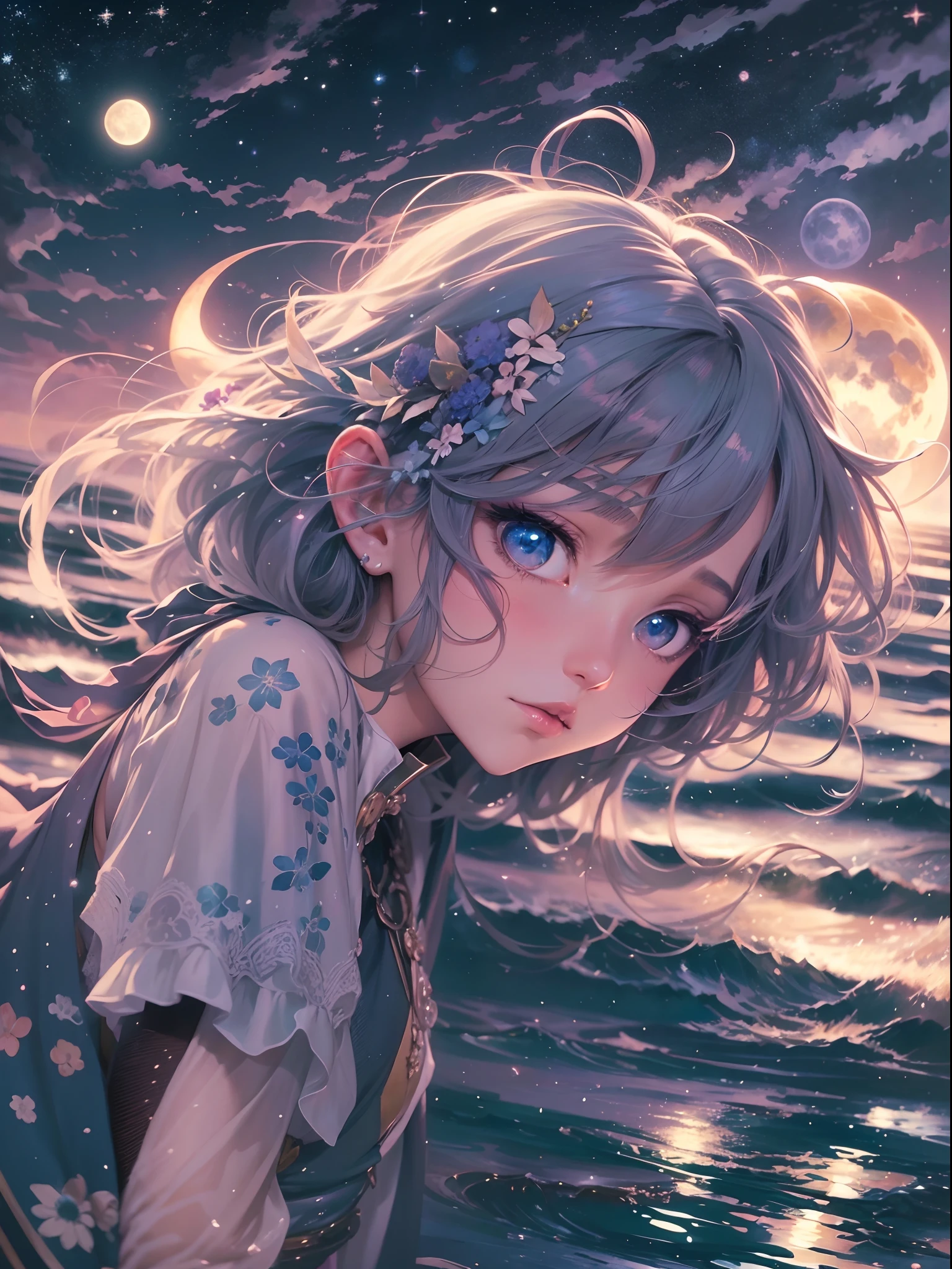 A highly condensed beauty dressed in a painting of stars and moons in the river and sky, concept art inspired by Tosa Mitsuoki, pixiv competition winner, best quality, fantasy art, beautiful anime scenes, a round of bright moon, starry sky environment in the moonlight, dream painting, anime background art, dream landscape art, fantastic night, anime background, background artwork, fantastic art, atmospheric anime, starry sky, detail enhancement.