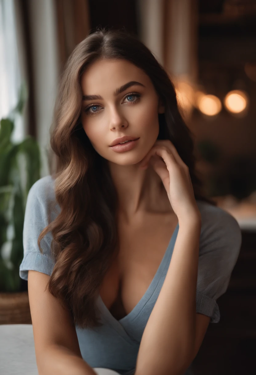 arafed woman with casual clothes, sexy girl with realistic blue eyes, portrait sophie mudd, brown hair and large eyes, selfie of a young woman, bedroom eyes, violet myers, without makeup, natural makeup, looking directly at the camera, face with artgram, subtle makeup, stunning full body shot, in a restaurant, cleavage