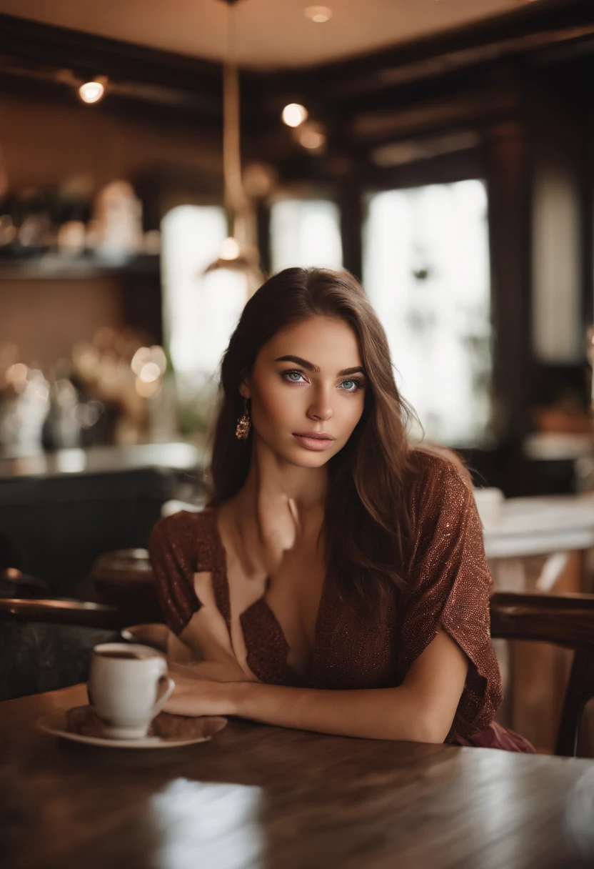 arafed woman with casual clothes, sexy girl with realistic blue eyes, portrait sophie mudd, brown hair and large eyes, selfie of a young woman, bedroom eyes, violet myers, without makeup, natural makeup, looking directly at the camera, face with artgram, subtle makeup, stunning full body shot, in a restaurant, cleavage