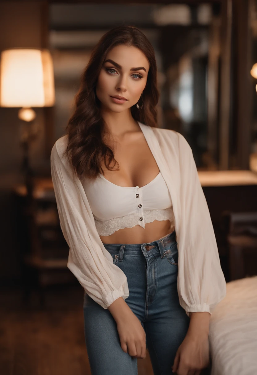 arafed woman with casual clothes, sexy girl with realistic blue eyes, portrait sophie mudd, brown hair and large eyes, selfie of a young woman, bedroom eyes, violet myers, without makeup, natural makeup, looking directly at the camera, face with artgram, subtle makeup, stunning full body shot, in a restaurant, cleavage