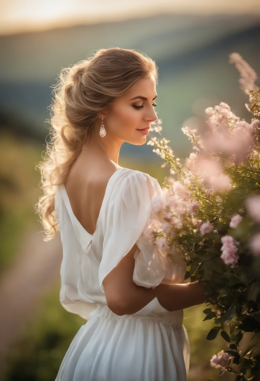 best quality, fotorealistisch, 1girls, frau,(skindentation), mittlere Brust, (hell), (Professionelle Beleuchtung, bokeh), (road), Volk, Menschenmassen, geflochtener Pony, (Bluse:1.5), (Trug:0.8), splendid, bloom, flowy hair, (Dynamische Pose:0.6) , Sanftes Licht,