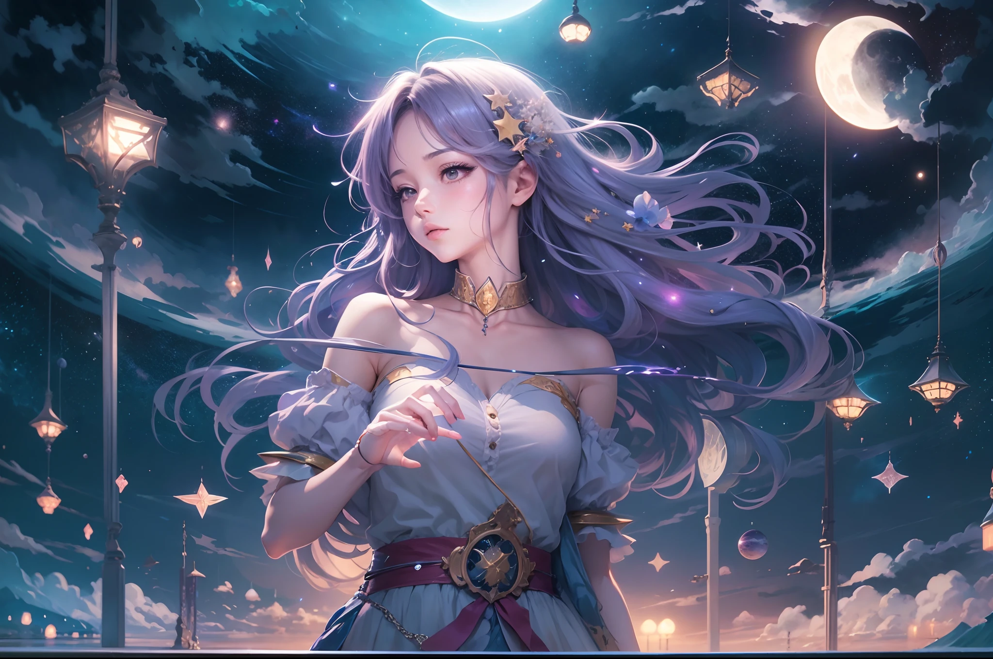 A highly condensed beauty dressed in a painting of stars and moons in the river and sky, concept art inspired by Tosa Mitsuoki, pixiv competition winner, best quality, fantasy art, beautiful anime scenes, a round of bright moon, starry sky environment in the moonlight, dream painting, anime background art, dream landscape art, fantastic night, anime background, background artwork, fantastic art, atmospheric anime, starry sky, detail enhancement.