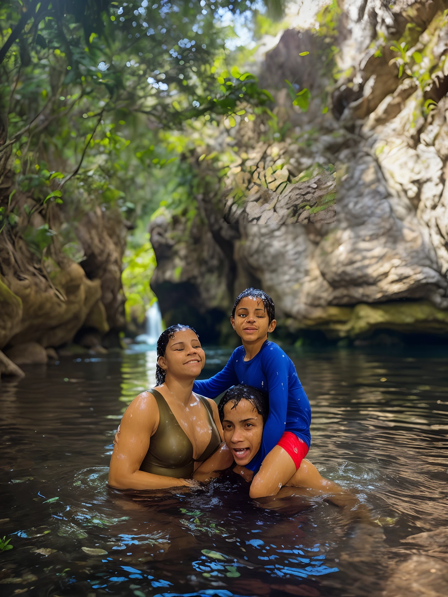 There are two people and a  in the water, em um rio na selva, Postagem no Reddit, em uma caverna com a cachoeira, divertindo-se, facebook post, in the water, banho em cachoeira, in water! down to the shoulders, 4 k post, Postagem 4k, caverna escondida das fontes termais, em um ambiente de selva, incredible depth