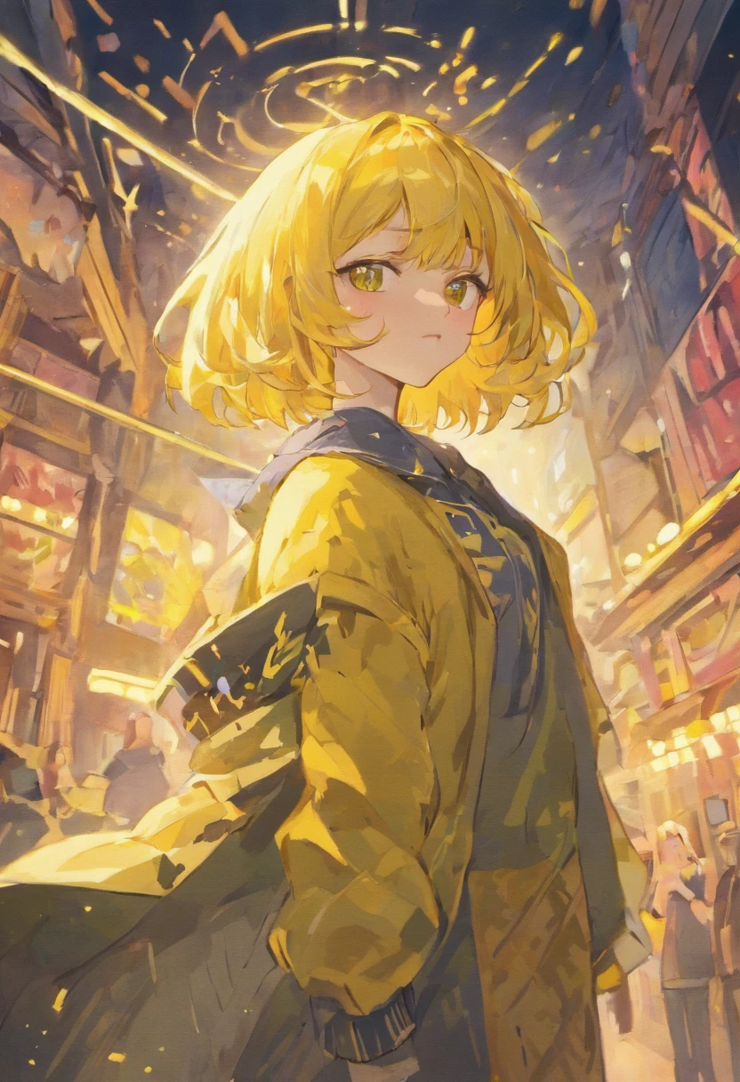 woman with short bright yellow hair, and unique clothes