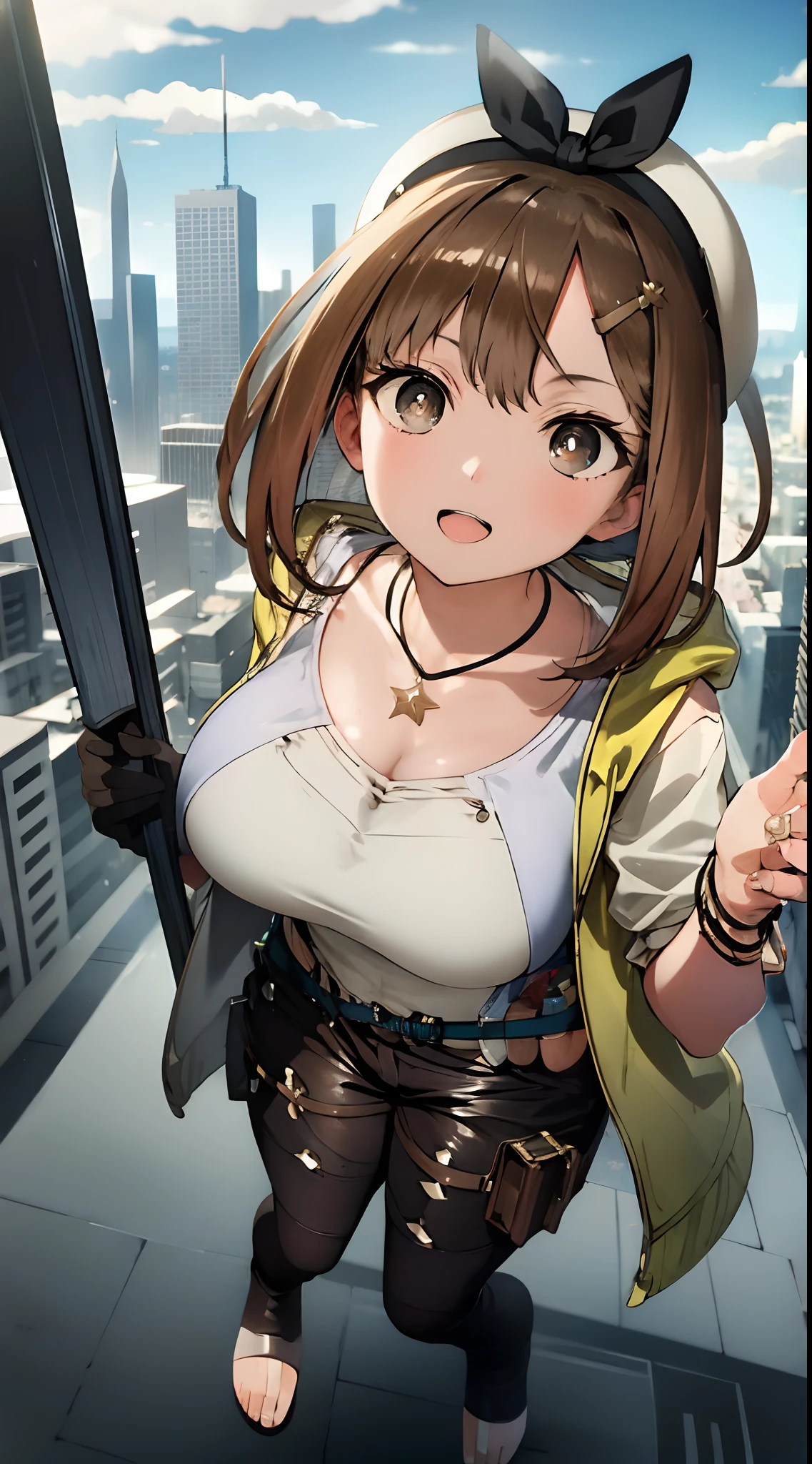 view from above , city, Looking at the audience , Detailed eye ,short medium brown hair , light-brown wide eyes, large breast, standing,full body