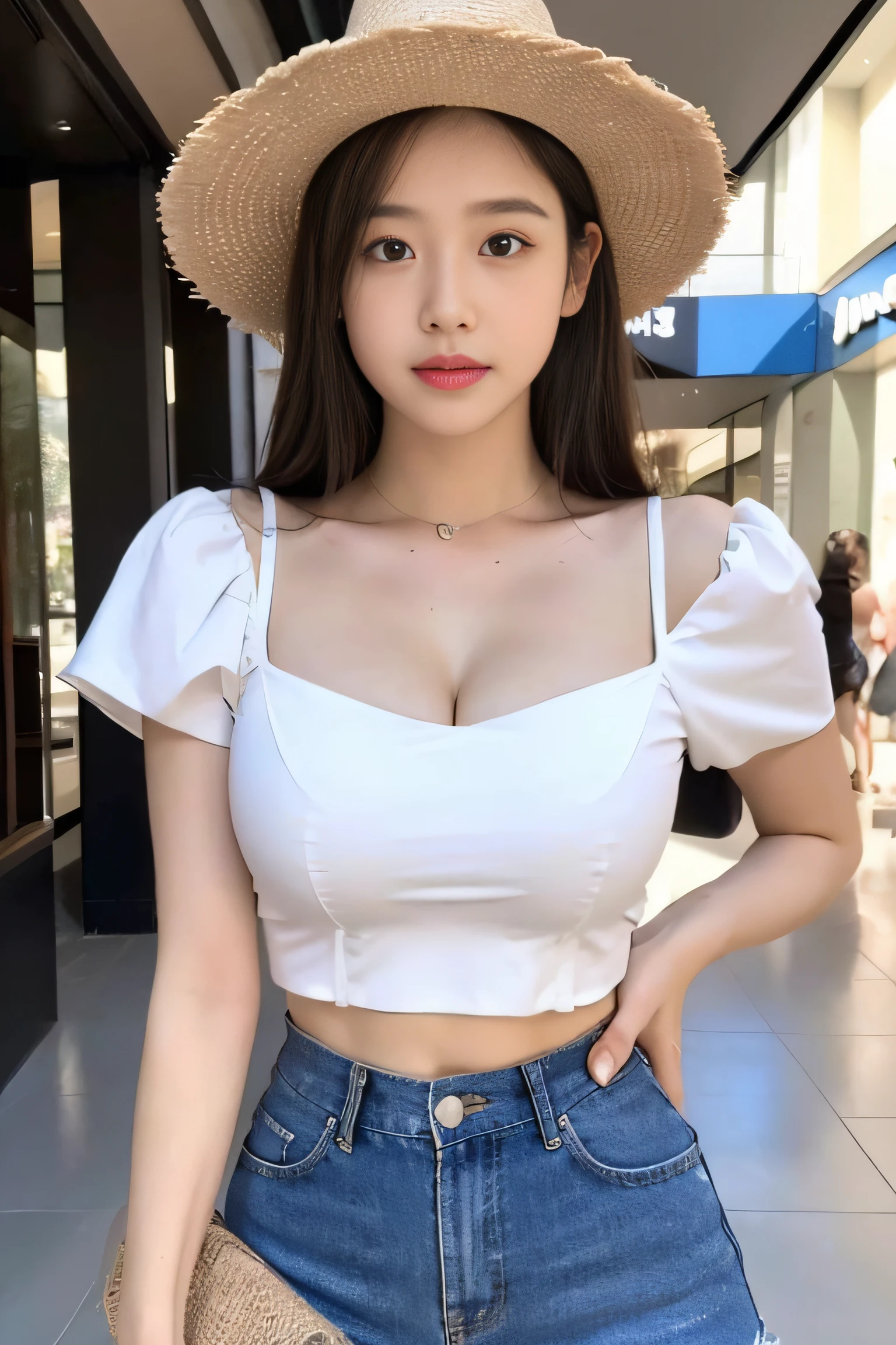 ((Best Quality, 8K, Masterpiece: 1.3)), (Flower Hat: 1.3), Focus: 1.2, Perfect Body Beauty: 1.4, Buttocks: 1.2, (Layered Haircut: 1.2)), (Dark Street: 1.3), Highly detailed face and skin texture, Full body, Fine eyes, Double eyelids, Whitened skin, Long hair, (Round face: 1.5), (Loose crop top, Shorts: 1.6) cleavage prominent pleated skirt Big breasts leaking long legs, ((Mall))