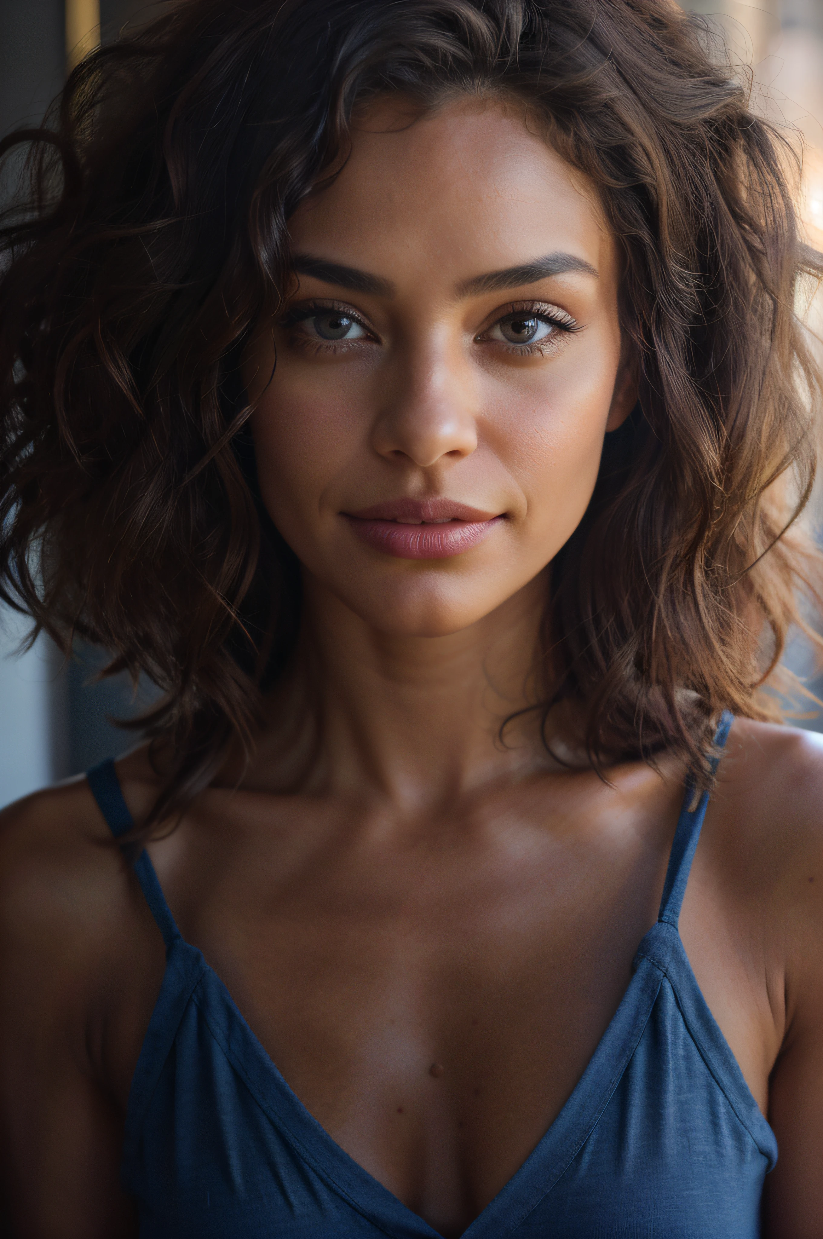An urban adult female with a messy layered bob of long and curly brown hair, warm brown eyes reflecting compassion and kindness. Her self-assured demeanor and graceful figure exude elegance as she stands before an impressive urban black hoodie and sweatpants . Clad in a sophisticated dark brown office frock and gladiator heels, she remains resolute in the face of an apocalyptic wind and weather. The photorealistic image captures her captivating presence amidst the chaos, and the sparkling eyes draw viewers into the compelling visual narrative of strength and determination , mixed race , smiling , looking away , 18 years old .