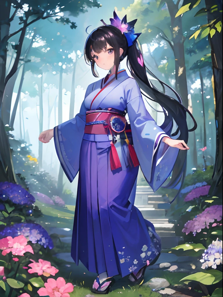 masterpiece, high quality, very detailed shading, vibrant colours, perfect face, detailed background, young Japanese woman, adult woman, sparkling eyes, blue kimono, purple hakama, medium breasts,forest, trees,flowers, complex background, butterflies, blue sky,long black hair, low ponytail, brown eyes, full body