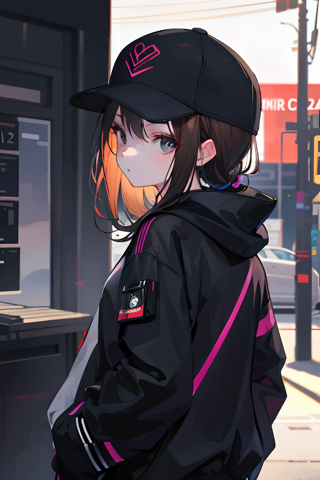 1girll，Back shadow，Sweatshirt，baseball cap，nightcity，Sateen，Put your hands in your pockets，brunette color hair，Black eyes，cyber punk perssonage