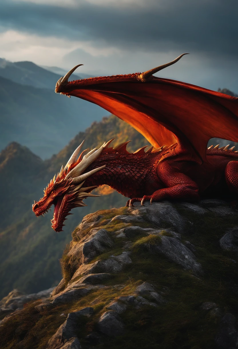 Realistic photos, RAW Photos, red dragon, attacks viewer, Powerful movements, jump on prey, ((Dynamic jump)), Sharp Claws, red dragon approaching from above, sudden approach, Bad-tempered, dynamic Shot from grand