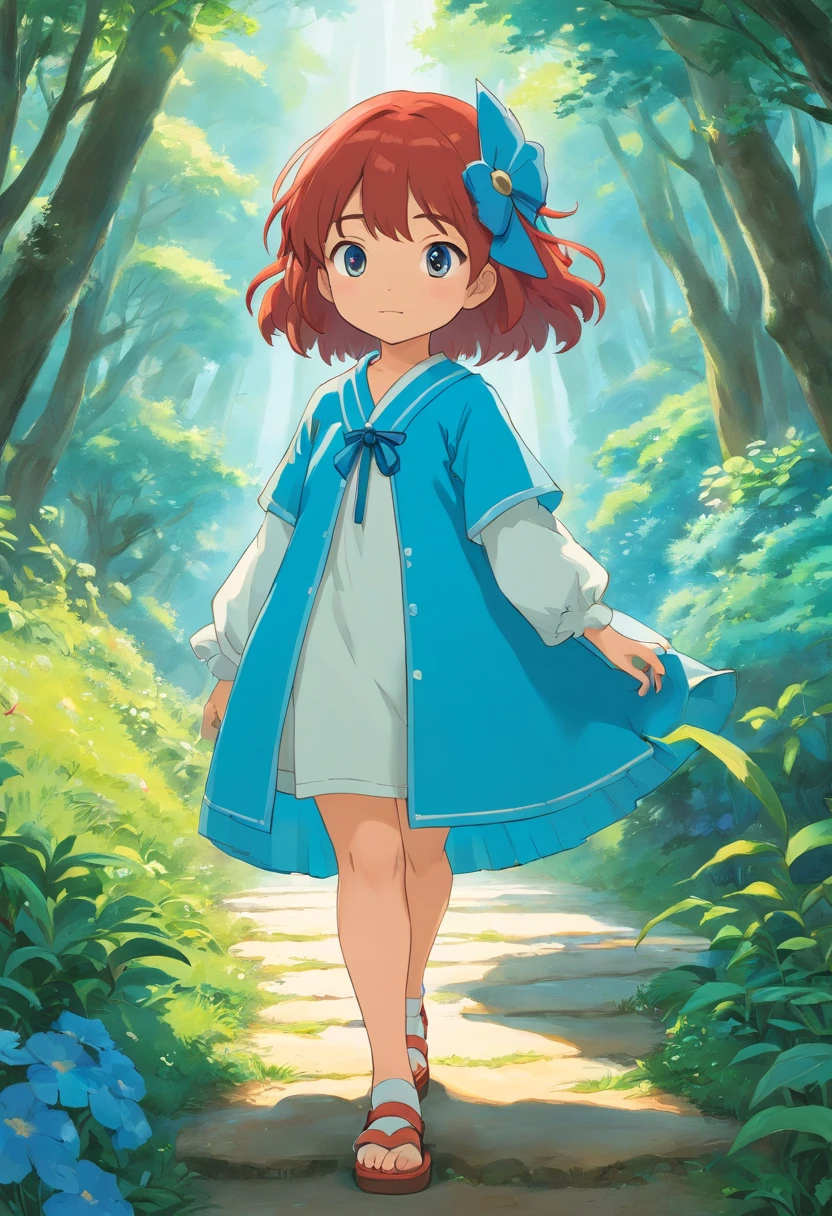 uma chibi, usando um vestido fofo azul, olhos amarelos e cabelos vermelhos, no estilo de paisagens de jardim tranquilas, animated color photos, Masami Teraoka, aquamarine, Paulo Gauguin, Estilo Embry, retrato honesto