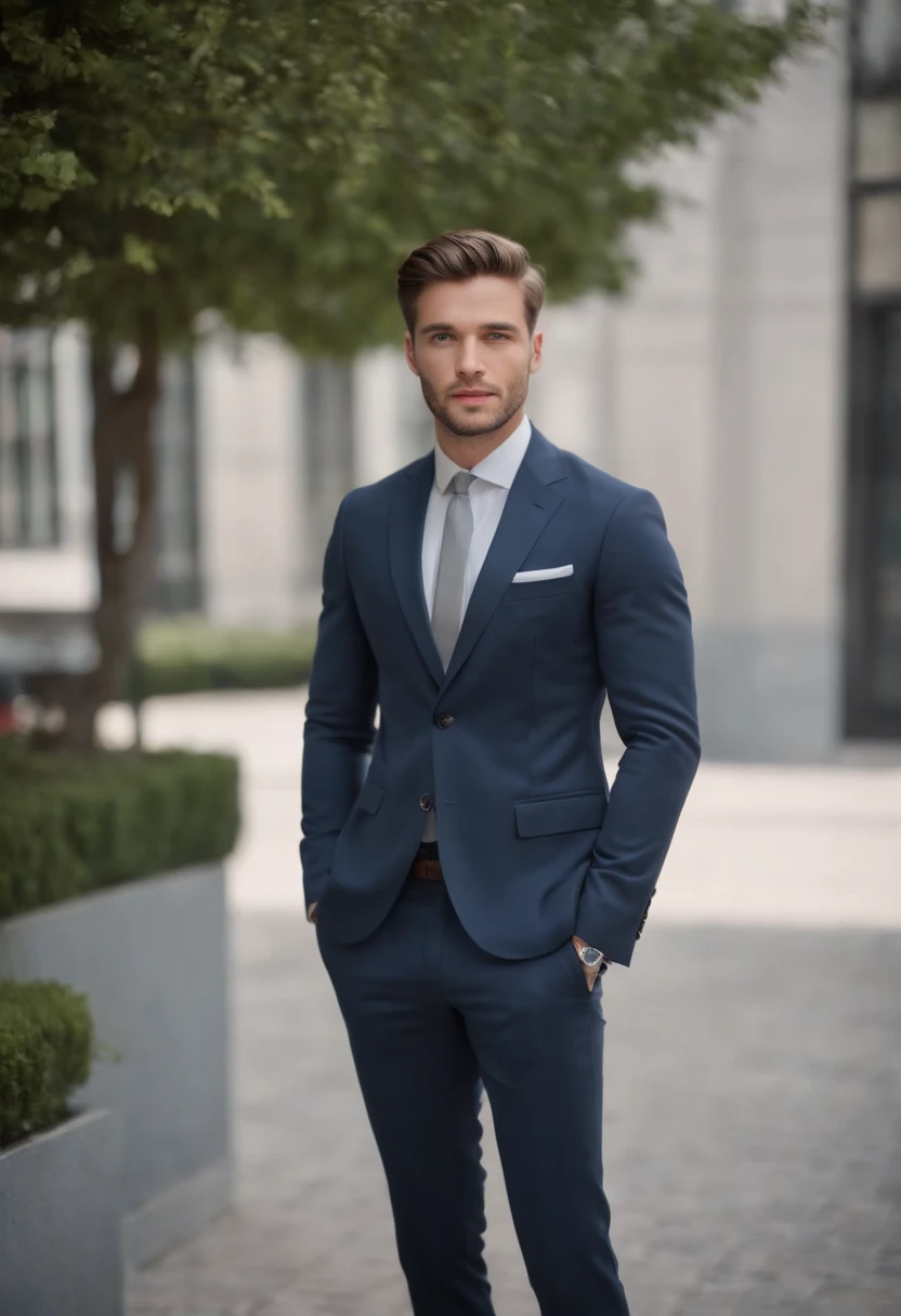 attractive 26 year old man in Hugo boss business suit , Belle barbe , Executive Sexy Man, Terno donc, Front camera focus, mode portrait, perfectly straight in front of the camera