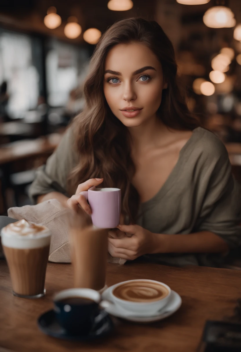 arafed woman with casual clothes, sexy girl with realistic blue eyes, portrait sophie mudd, brown hair and large eyes, selfie of a young woman, bedroom eyes, violet myers, without makeup, natural makeup, looking directly at the camera, face with artgram, subtle makeup, stunning full body shot, in a coffee shop, drinking coffee, cleavage