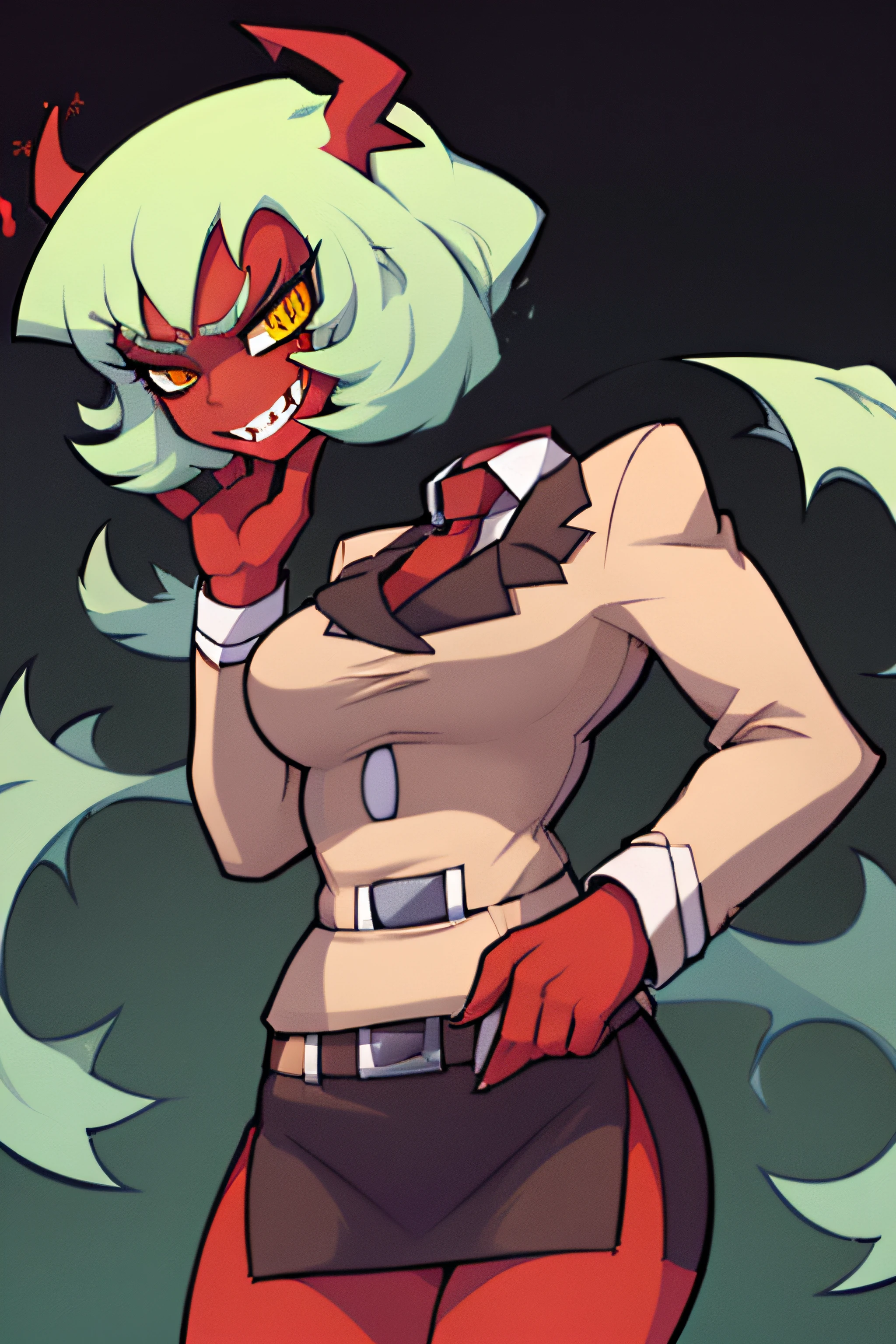 (masterpiece, best quality:1.2), solo, 1girl, psgscanty, (((red skin))), evil smile, looking at viewer, confidence, arrogant, horns, v-shaped eyebrows, jacket, red necktie, skirt, skirt suit, belt, (((DisembodiedHead))),
(((holding head))),
(((headless))), (((dullahan)))
