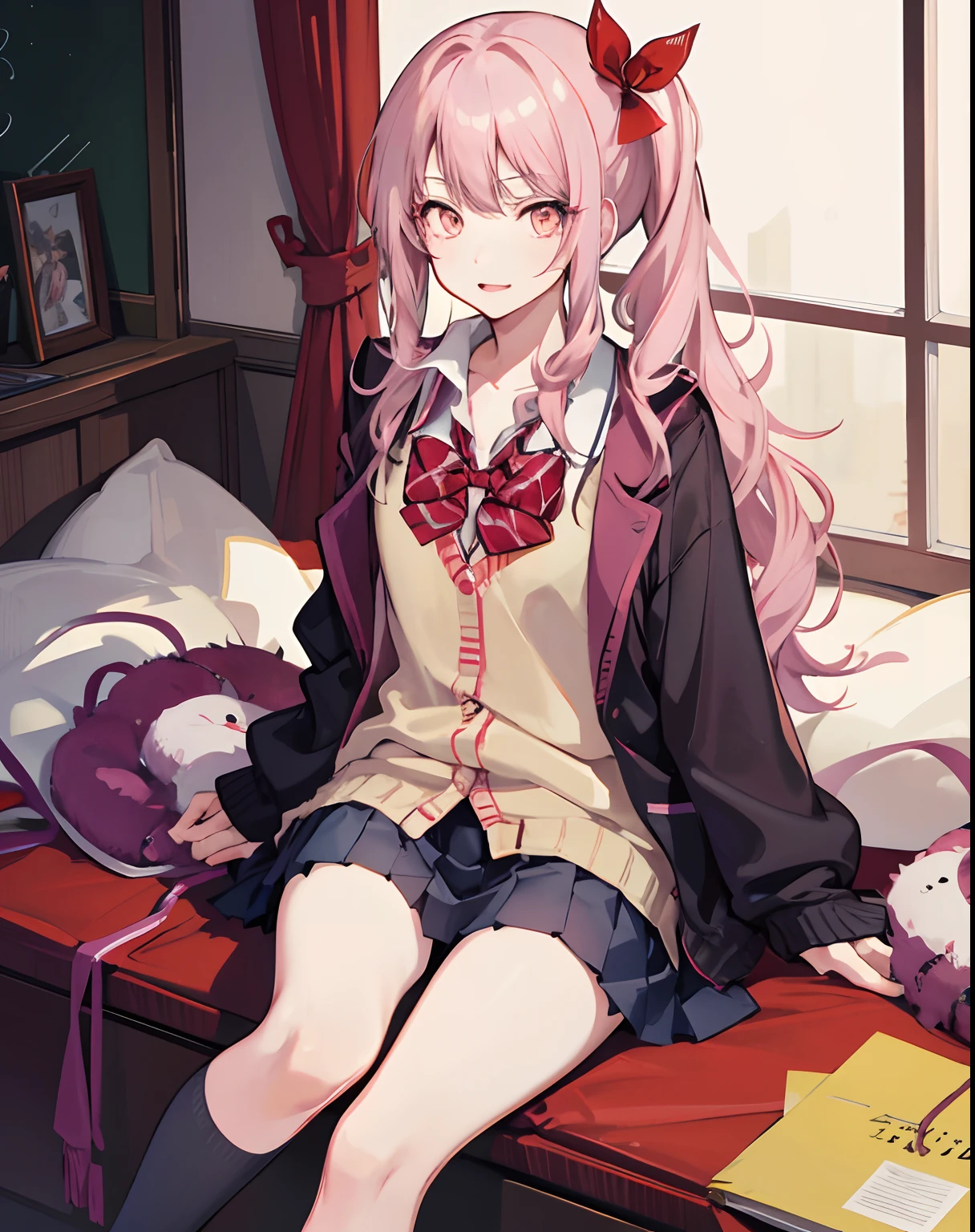 akiyama mizuki, 1other, solo, side ponytail, red_bow, sitting, school uniform, yellow cardigan, bowtie, sitting,indoors, large thighs