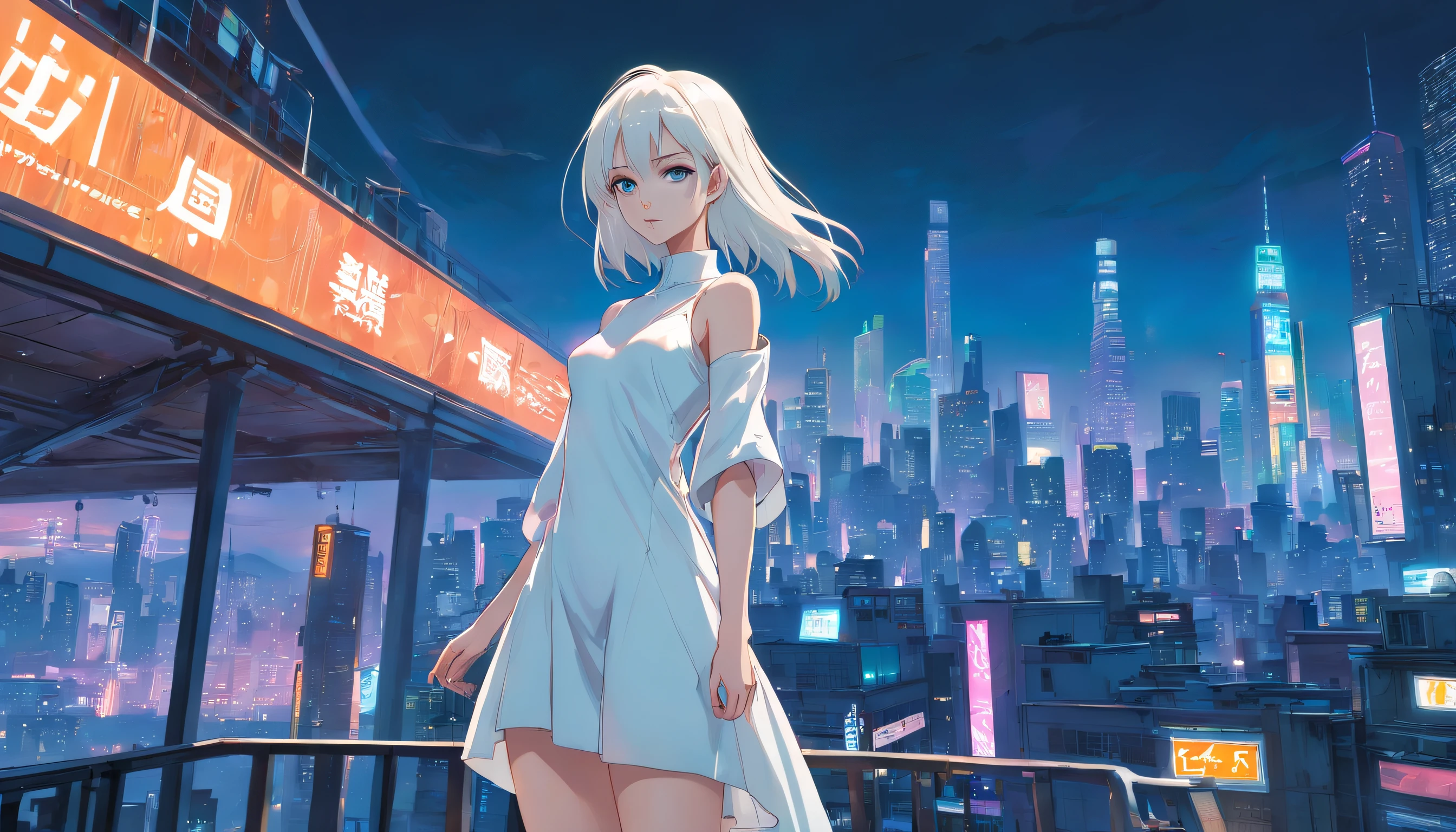 Slender young girl in full height in short dress, is looking at the camera, Against the backdrop of a cyberpunk city, white short dress, naked legs, brightness, Masterpiece, Best Quality, 1girl, hiquality, Ultra Detailed, ((Real image)), ((lifelike skin)), ((realistic face)),(illustartion:1.05), (Beautiful:1.05), (beautiful detail eyes:1.05), (cinematiclight:1.1), blue color on squads, Form-fitting silhouette, Slim, small breasts, white clothing. Faraway view. full-length photo、